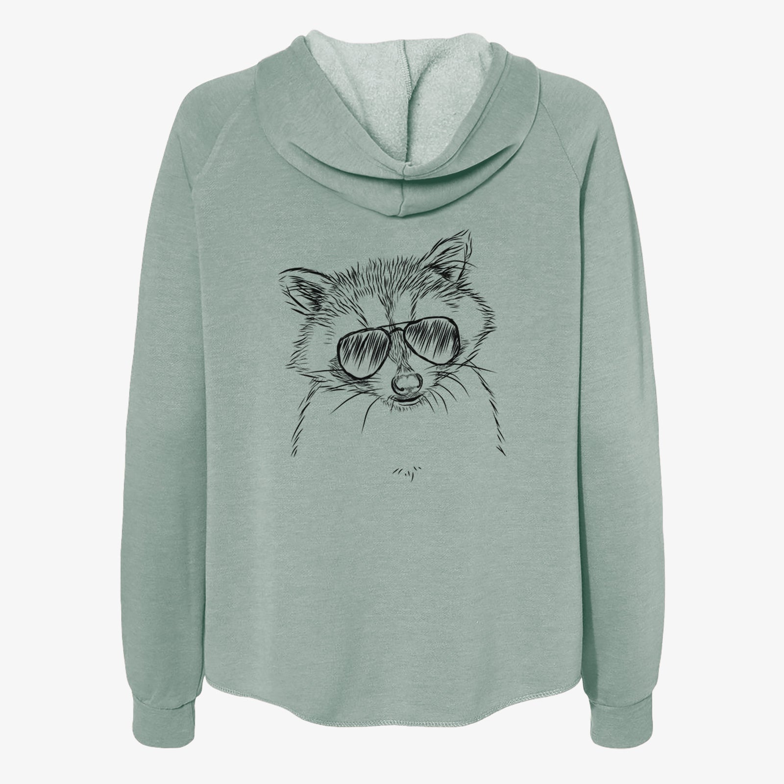 Hand-drawn sketch of Randy the Raccoon wearing aviator sunglasses on a Sage Women's cali wave zip-up sweatshirt