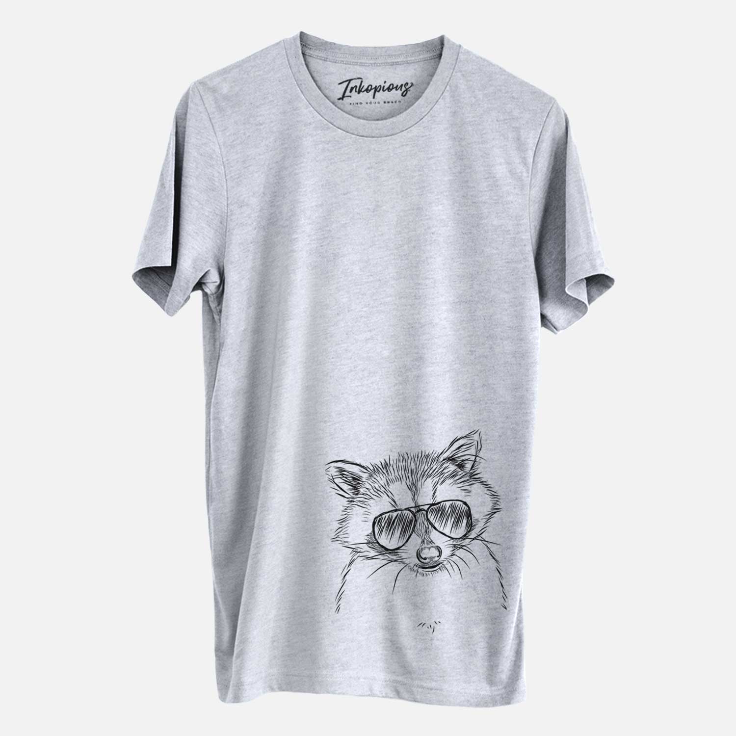 Hand-drawn sketch of Randy the Raccoon wearing aviator sunglasses on a Grey Unisex crewneck