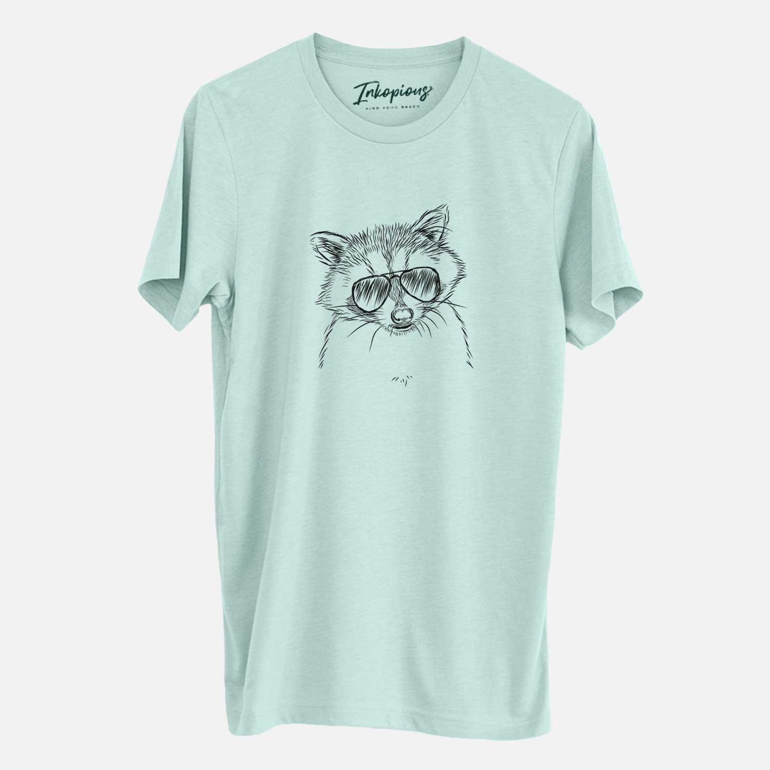 Hand-drawn sketch of Randy the Raccoon wearing aviator sunglasses on a Heather Sage Unisex crewneck