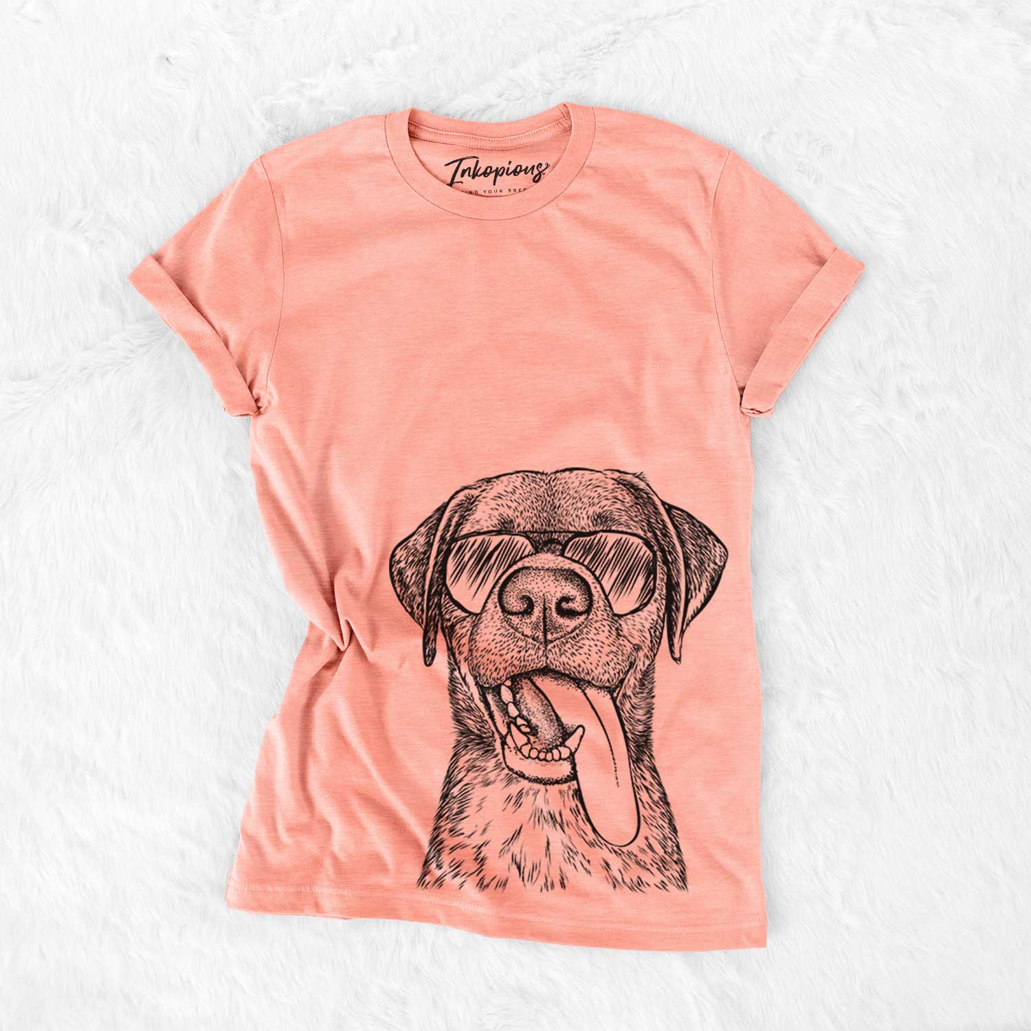 Hand-drawn sketch of Reese the Mixed Breed wearing aviator sunglasses on a Sunset Bella Canvas Unisex Crewneck