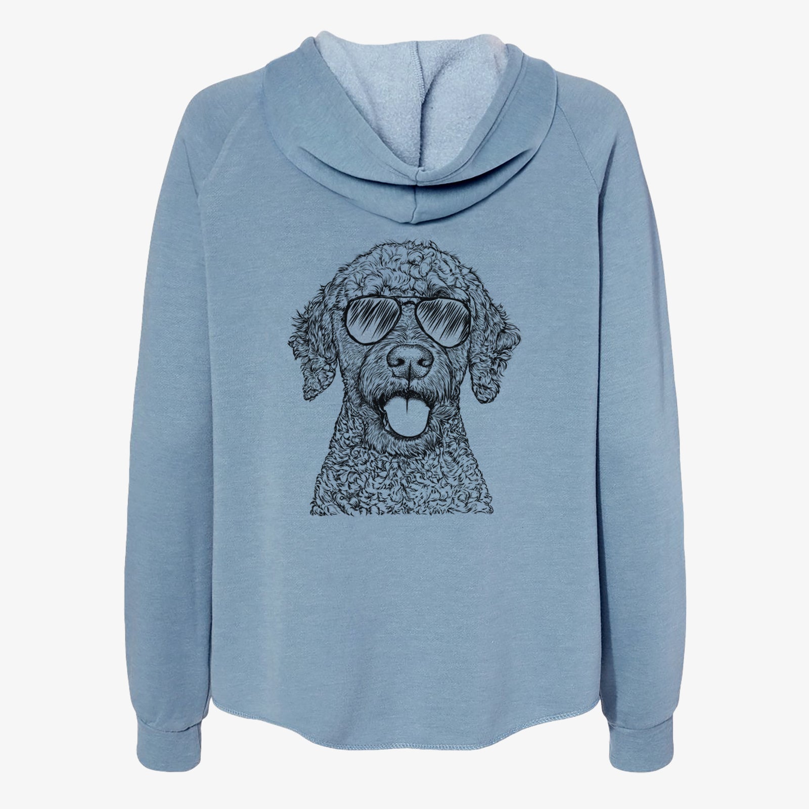 Hand-drawn sketch of Reina the Spanish Water Dog wearing aviator sunglasses on a Misty Blue Women's cali wave zip-up sweatshirt