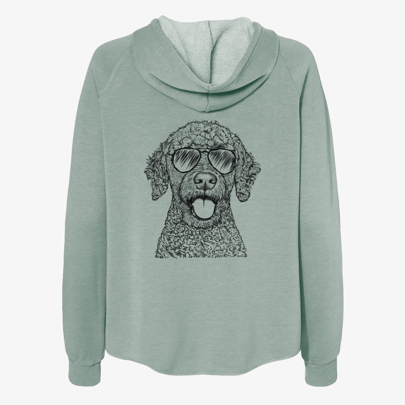 Hand-drawn sketch of Reina the Spanish Water Dog wearing aviator sunglasses on a Sage Women's cali wave zip-up sweatshirt