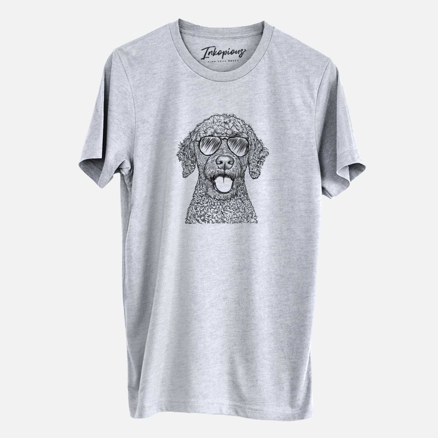 Hand-drawn sketch of Reina the Spanish Water Dog wearing aviator sunglasses on a Grey Unisex crewneck