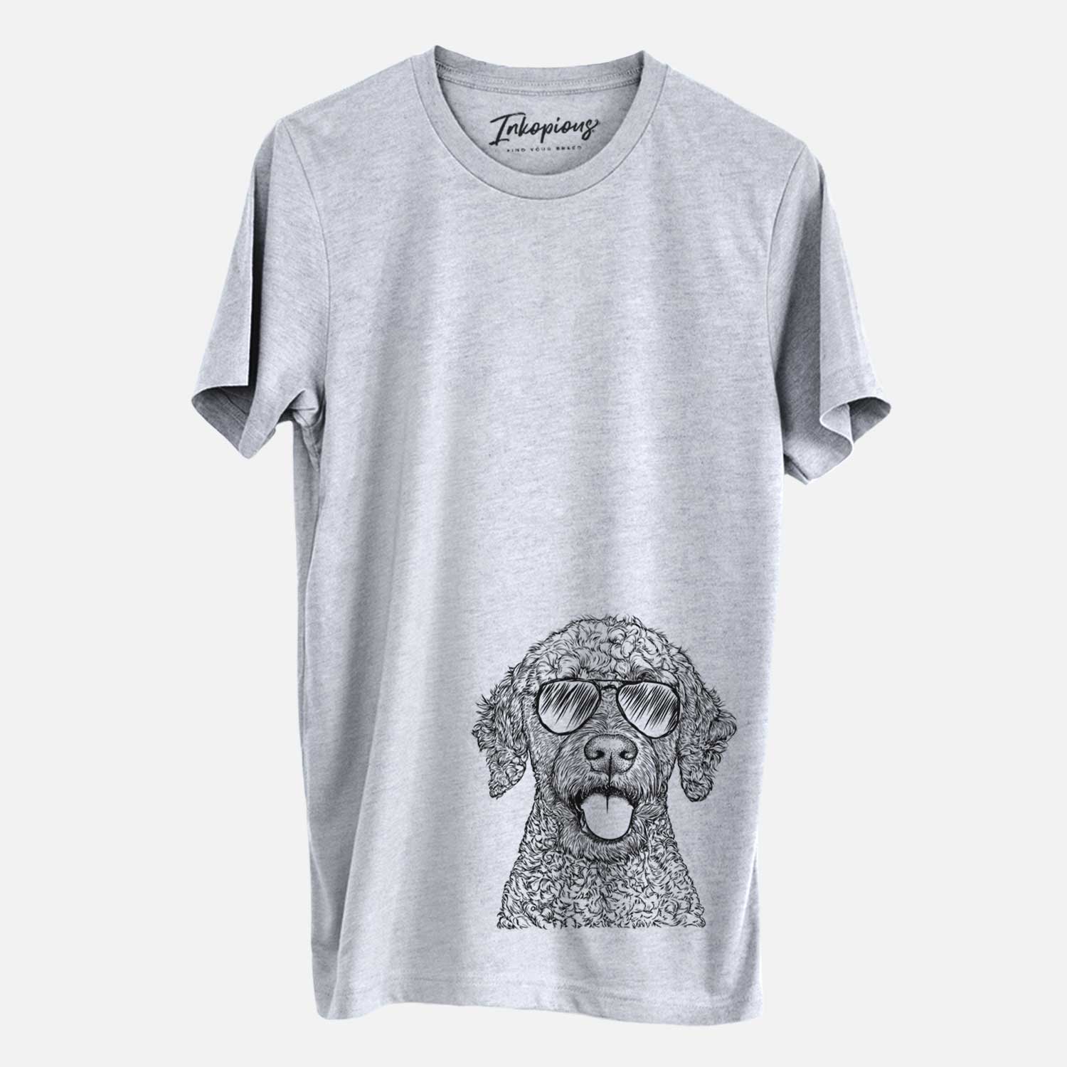 Hand-drawn sketch of Reina the Spanish Water Dog wearing aviator sunglasses on a Grey Unisex crewneck