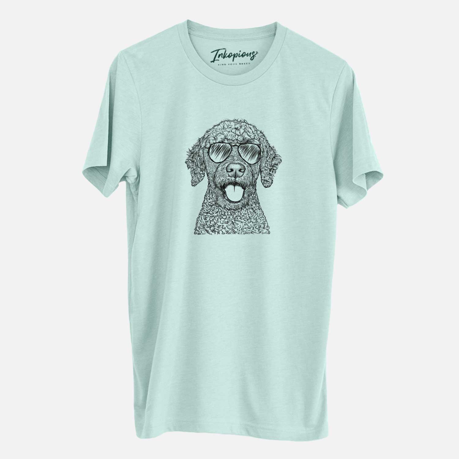 Hand-drawn sketch of Reina the Spanish Water Dog wearing aviator sunglasses on a Heather Sage Unisex crewneck