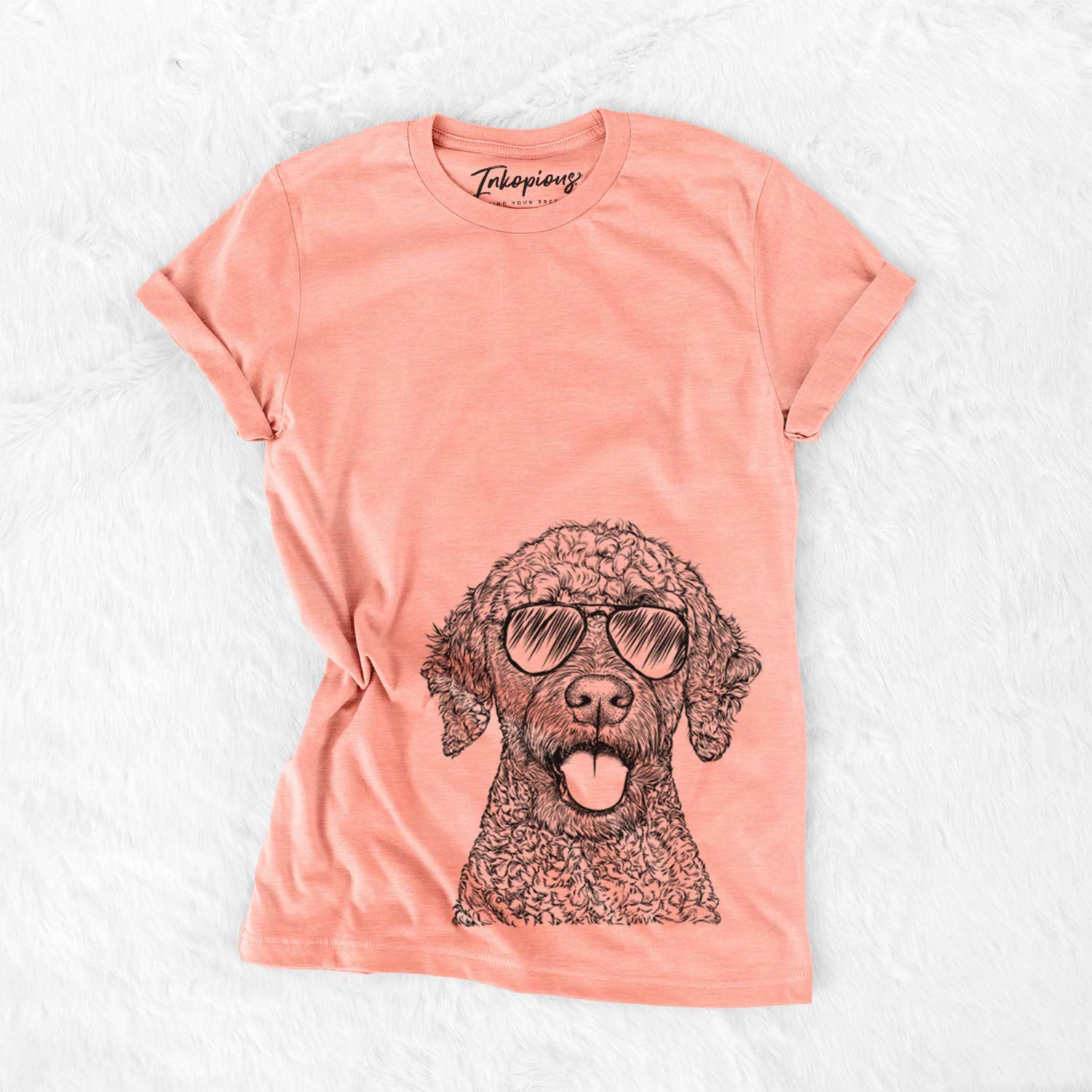 Hand-drawn sketch of Reina the Spanish Water Dog wearing aviator sunglasses on a Sunset Bella Canvas Unisex Crewneck