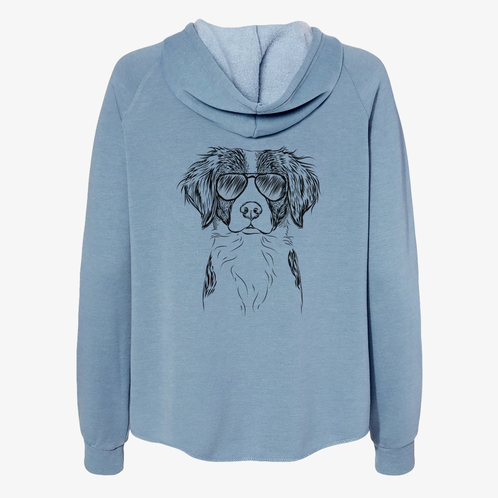 Hand-drawn sketch of Remi the Brittany wearing aviator sunglasses on a Misty Blue Women's cali wave zip-up sweatshirt
