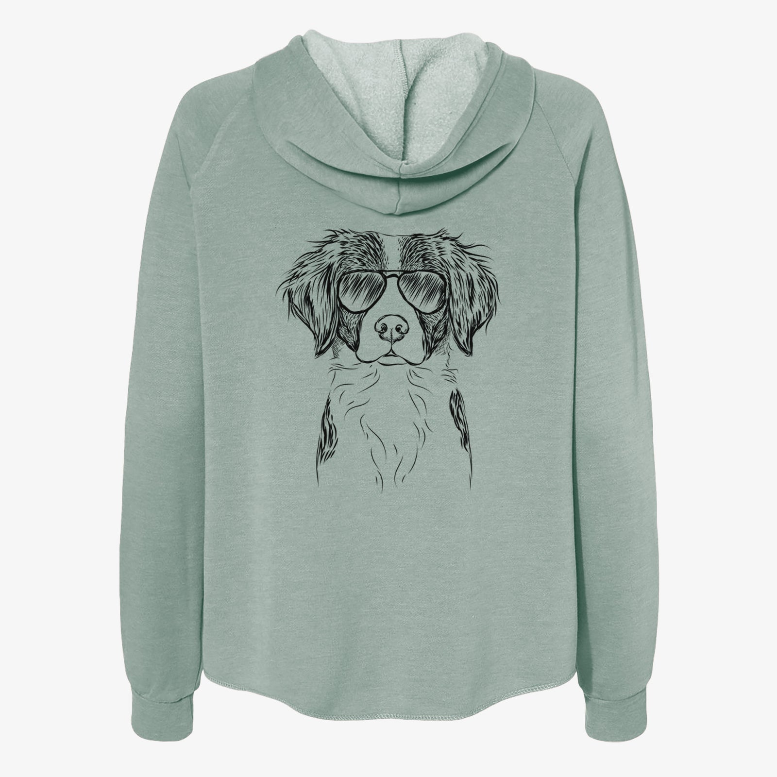 Hand-drawn sketch of Remi the Brittany wearing aviator sunglasses on a Sage Women's cali wave zip-up sweatshirt