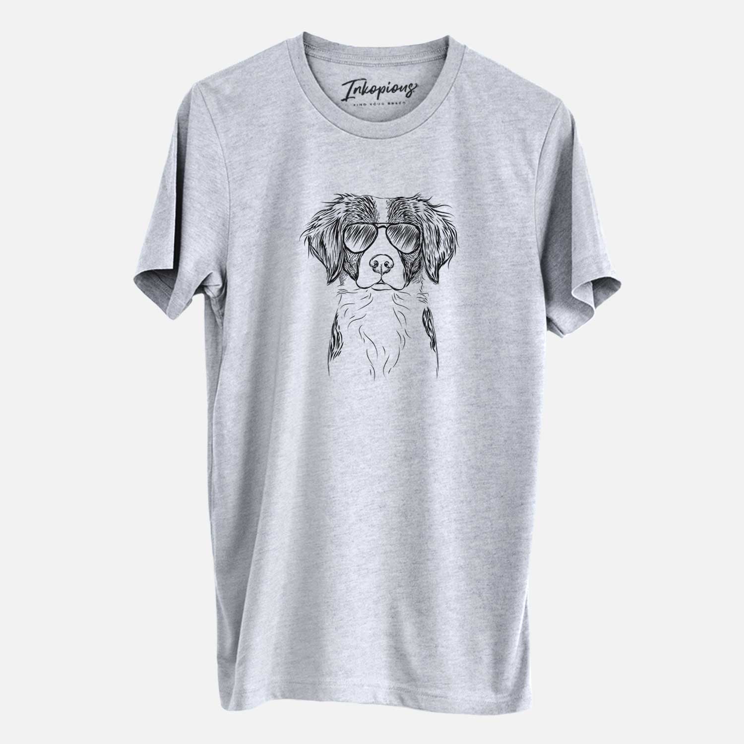 Hand-drawn sketch of Remi the Brittany wearing aviator sunglasses on a Grey Unisex crewneck