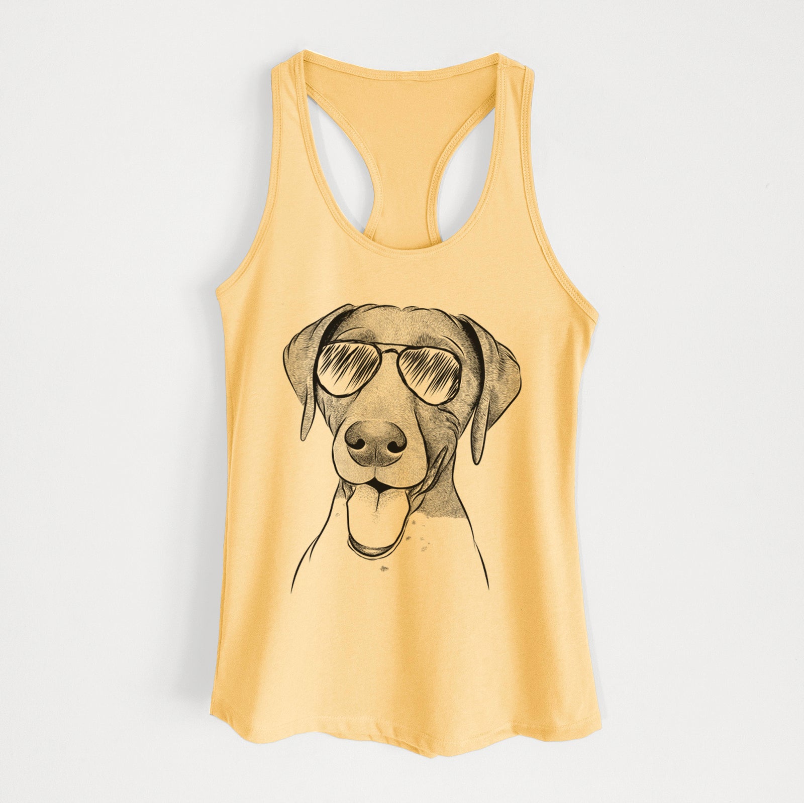 Hand-drawn sketch of Remi the German Shorthaired Pointer wearing aviator sunglasses on a Banana Cream Women's racerback tanktop
