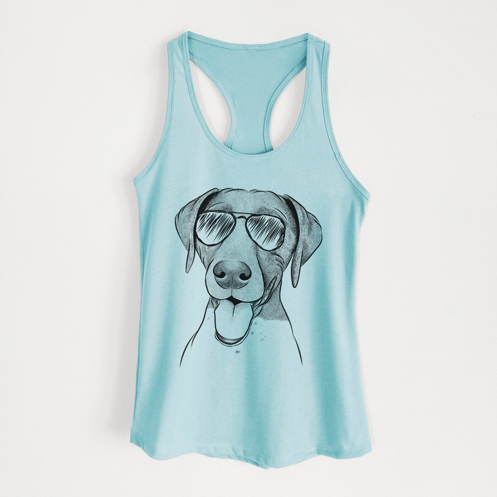 Hand-drawn sketch of Remi the German Shorthaired Pointer wearing aviator sunglasses on a Cancun Blue Women's racerback tanktop
