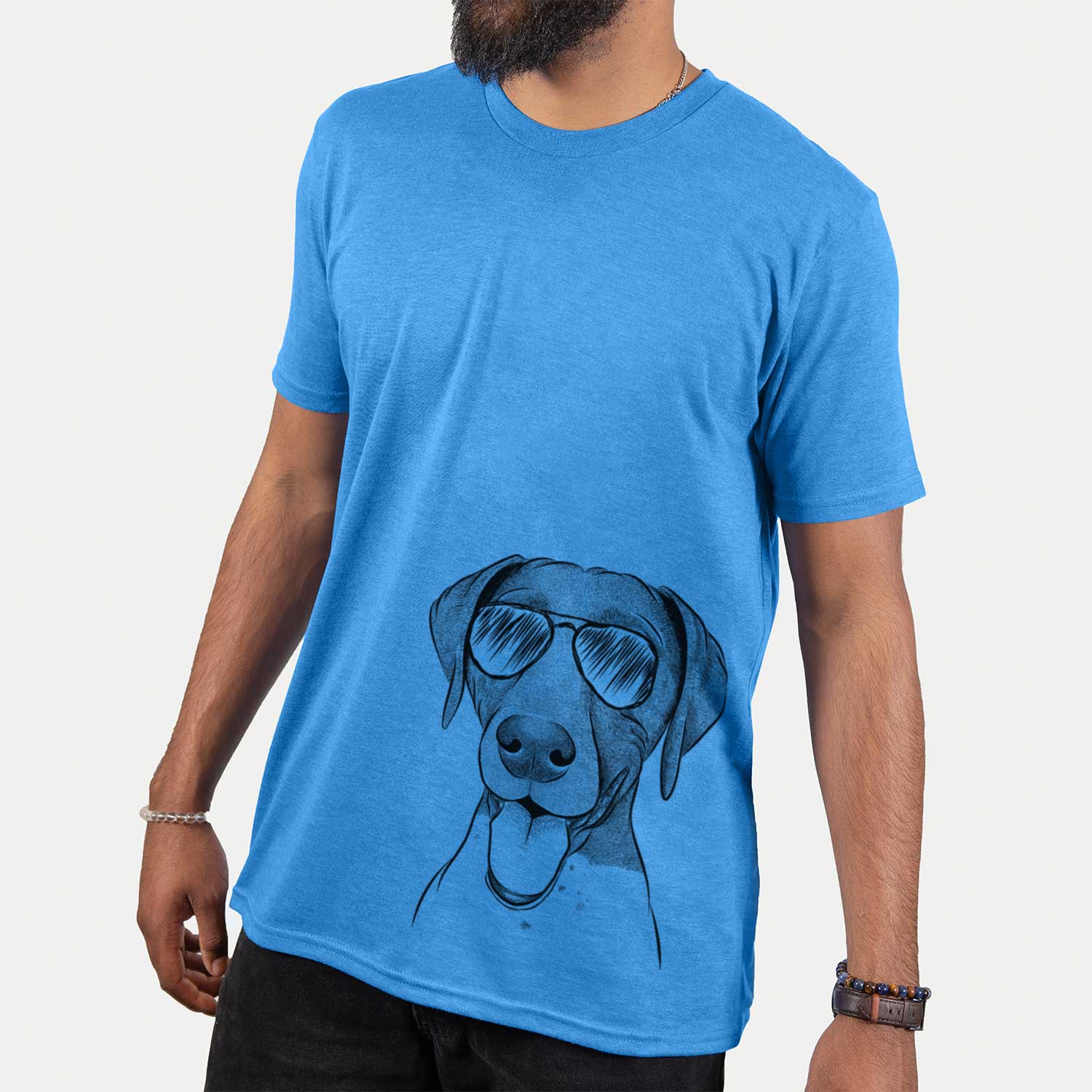Hand-drawn sketch of Remi the German Shorthaired Pointer wearing aviator sunglasses on a Blue Unisex crewneck