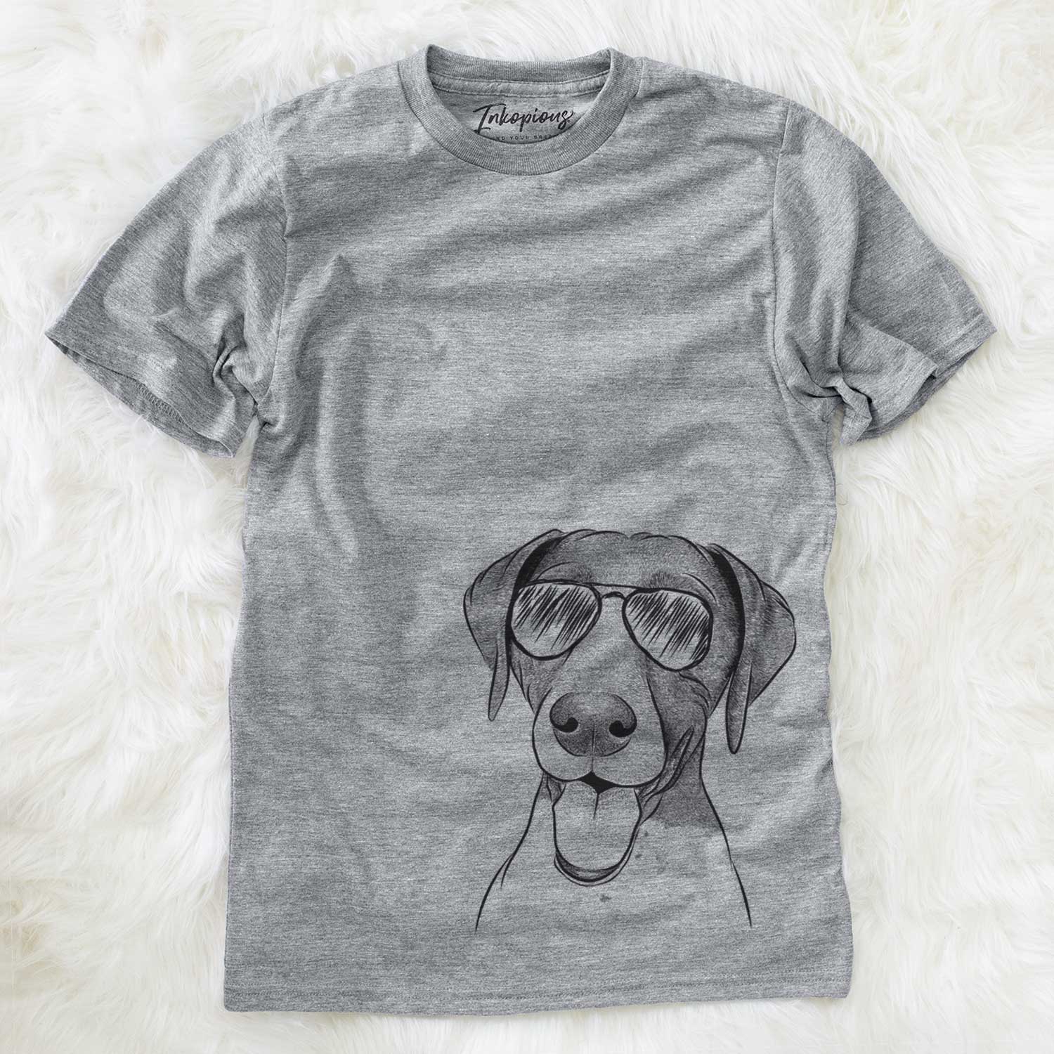 Hand-drawn sketch of Remi the German Shorthaired Pointer wearing aviator sunglasses on a Grey Unisex crewneck