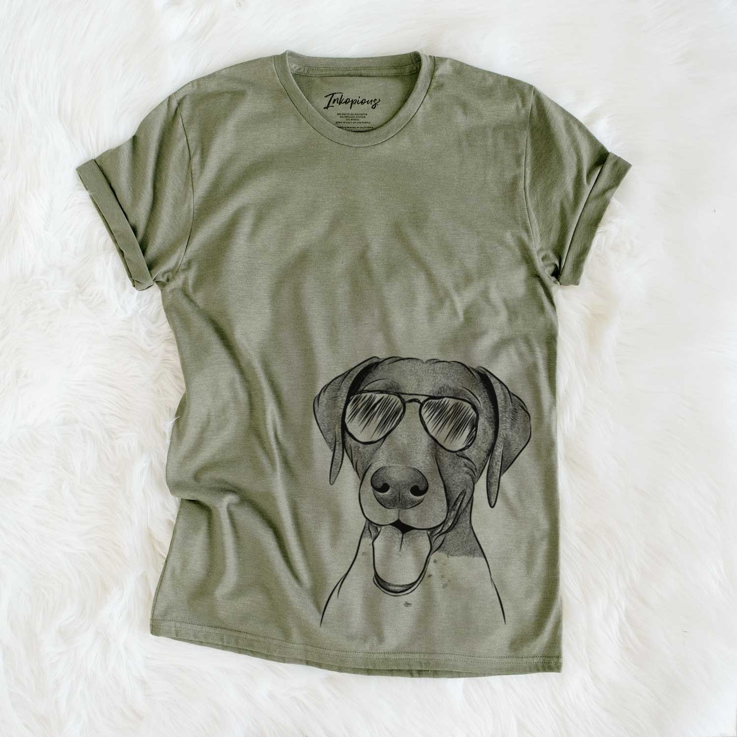 Hand-drawn sketch of Remi the German Shorthaired Pointer wearing aviator sunglasses on an Olive Unisex crewneck