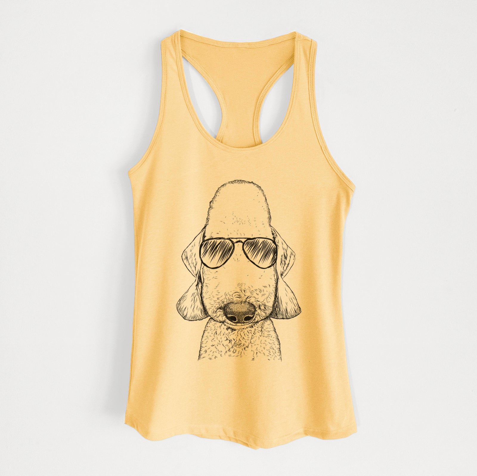 Hand-drawn sketch of Remington the Bedlington Terrier wearing aviator sunglasses on a Banana Cream Women's racerback tanktop