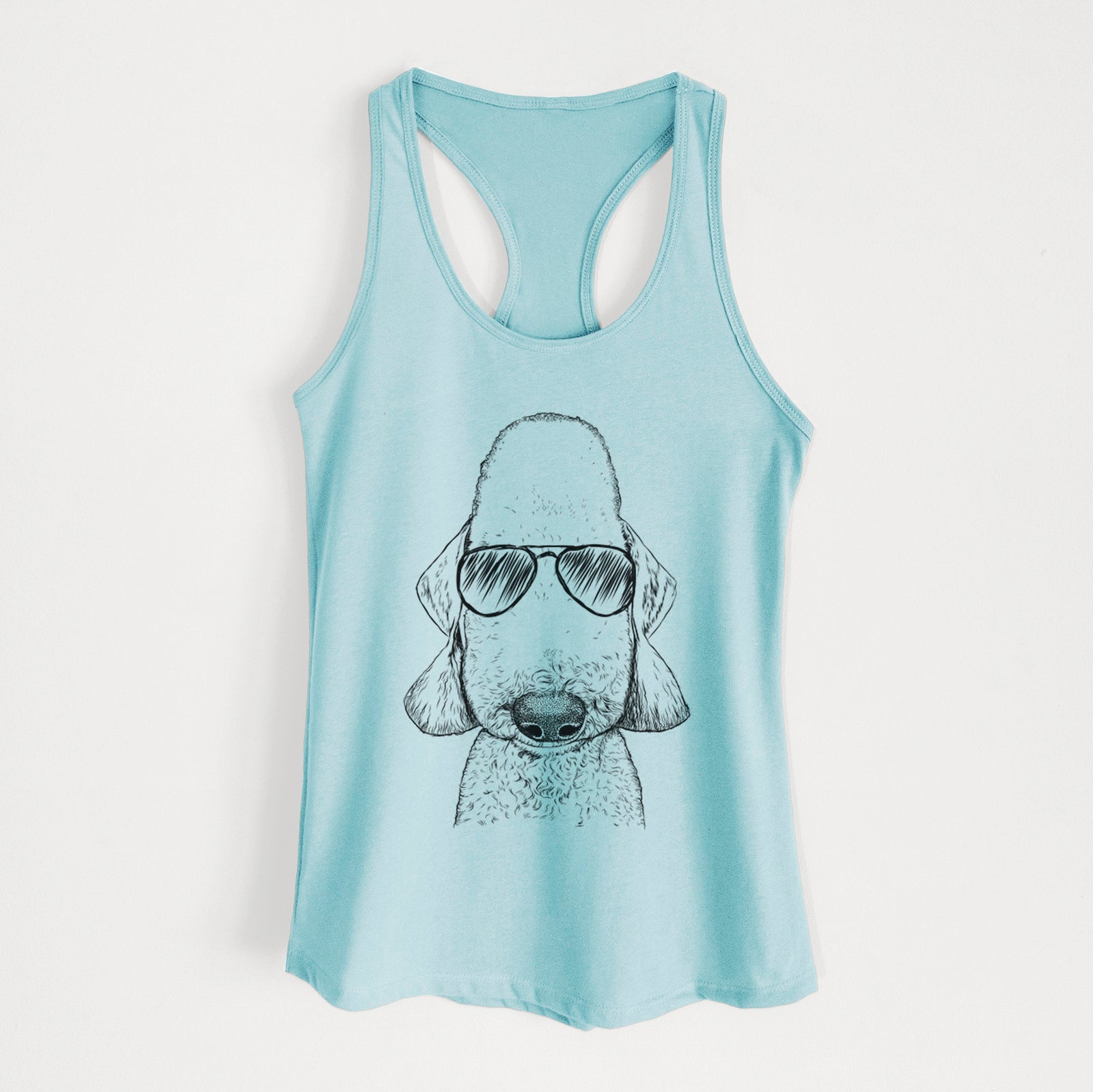 Hand-drawn sketch of Remington the Bedlington Terrier wearing aviator sunglasses on a Cancun Blue Women's racerback tanktop