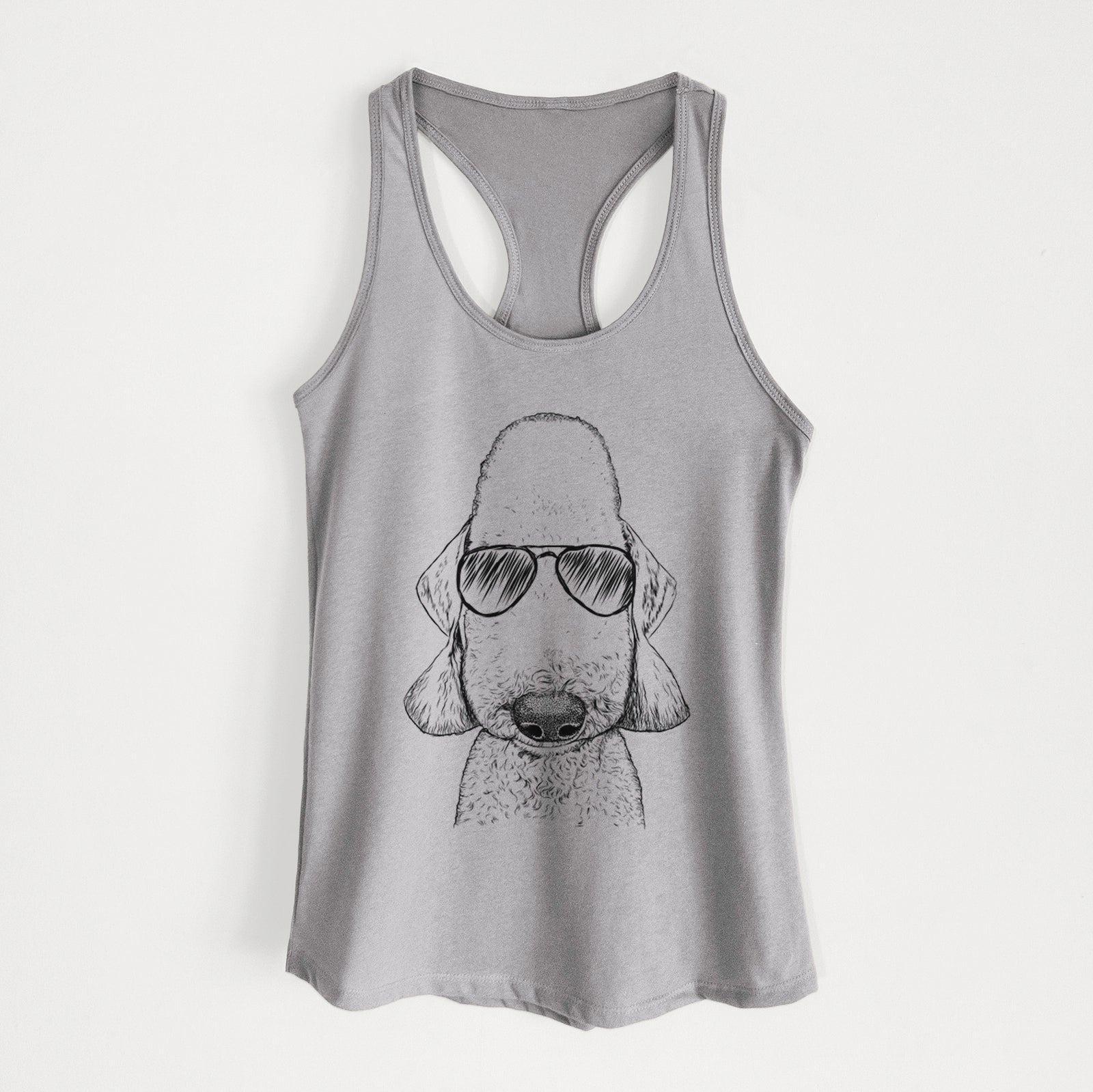 Hand-drawn sketch of Remington the Bedlington Terrier wearing aviator sunglasses on a Heather Grey Women's racerback tanktop