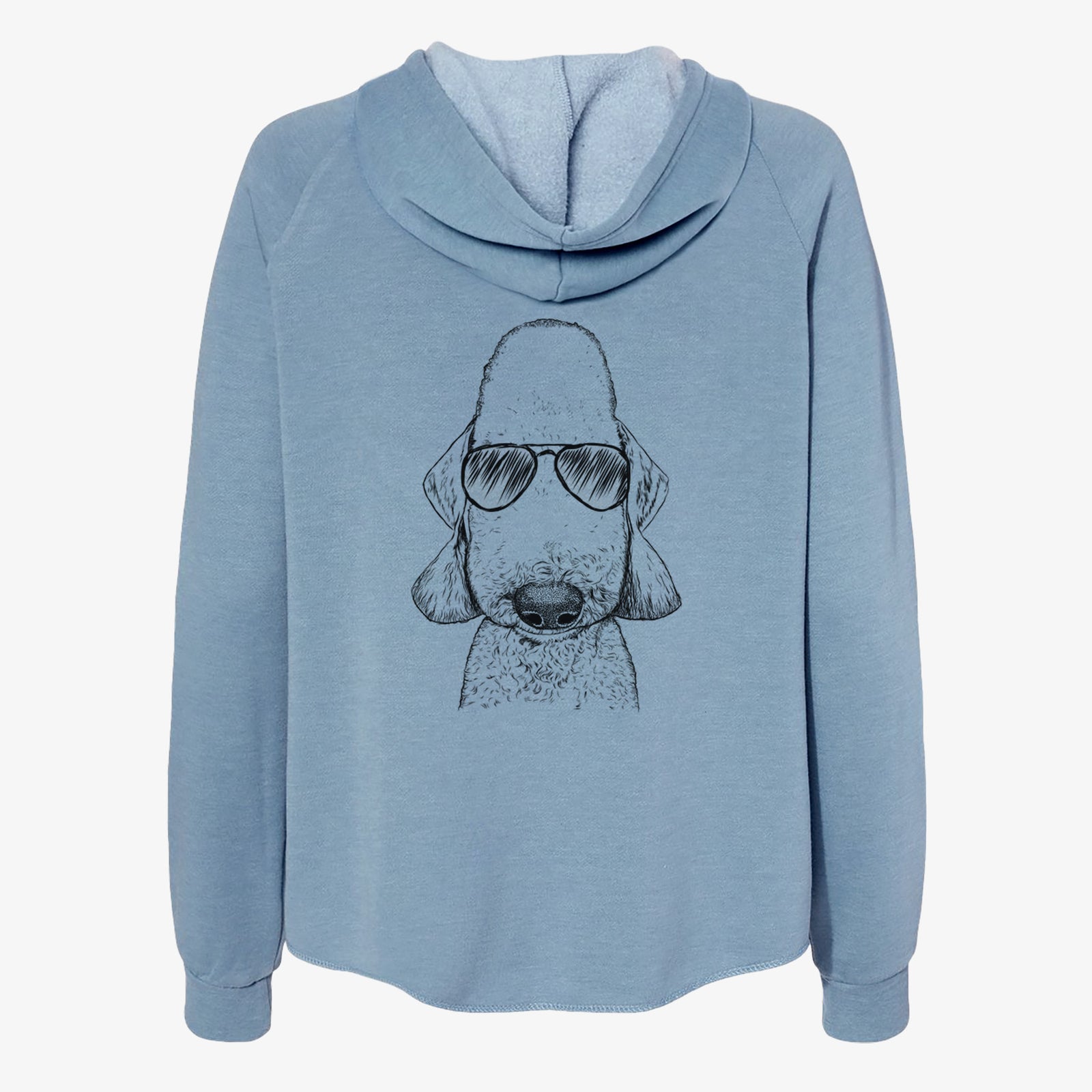 Hand-drawn sketch of Remington the Bedlington Terrier wearing aviator sunglasses on a Misty Blue Women's cali wave zip-up sweatshirt