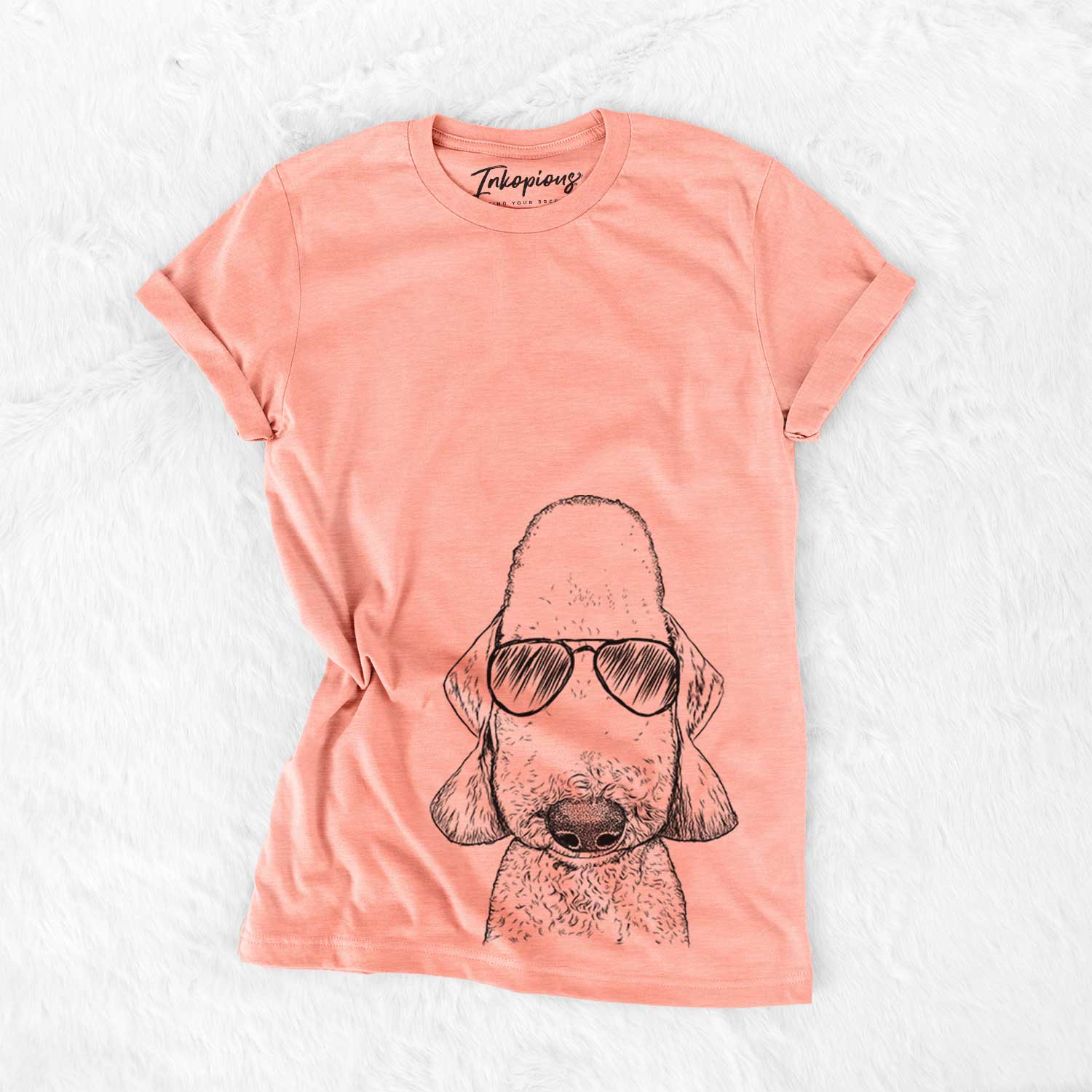 Hand-drawn sketch of Remington the Bedlington Terrier wearing aviator sunglasses on a Sunset Bella Canvas Unisex Crewneck