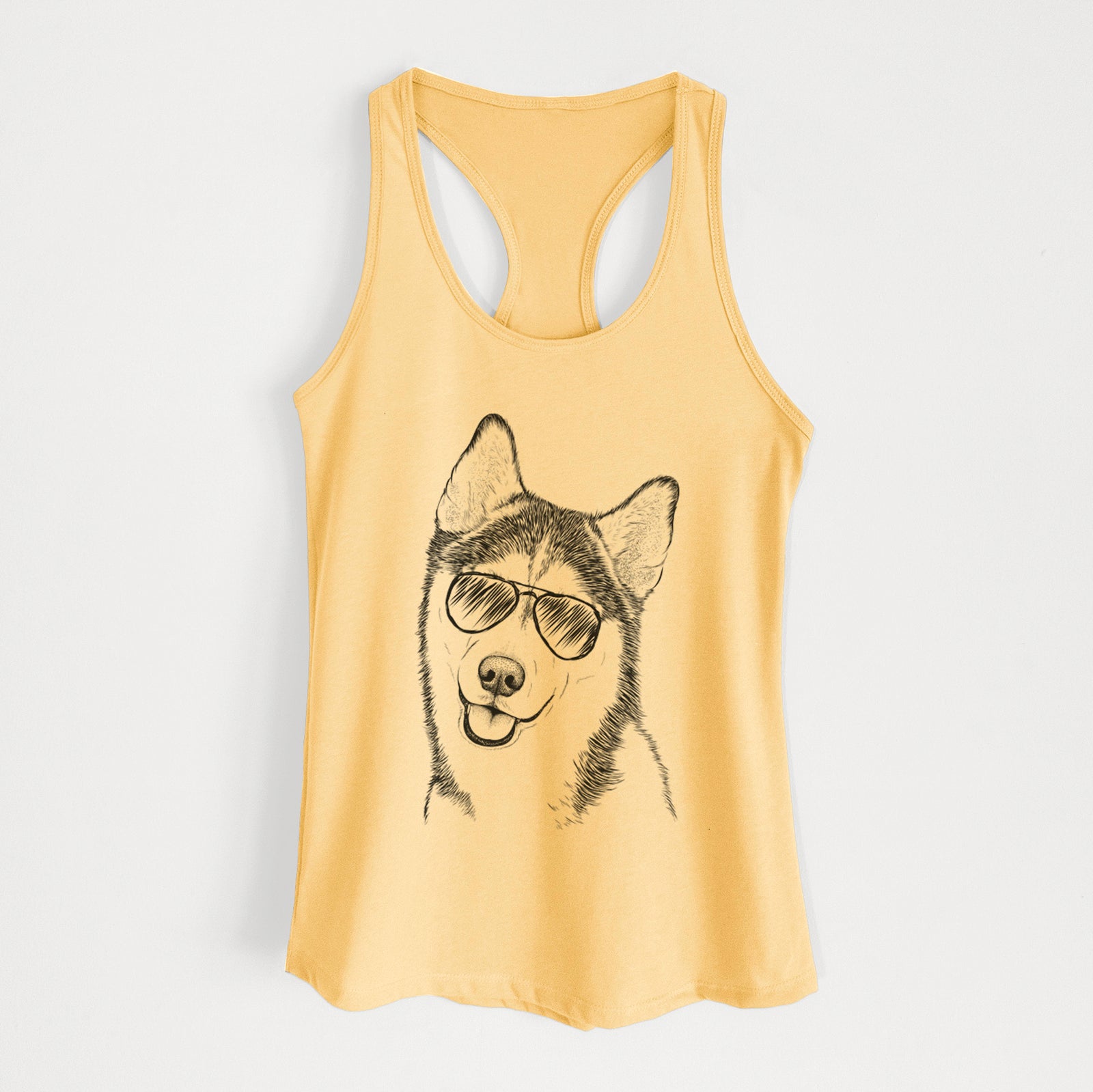Hand-drawn sketch of Remmie the Siberian Husky wearing aviator sunglasses on a Banana Cream Women's racerback tanktop