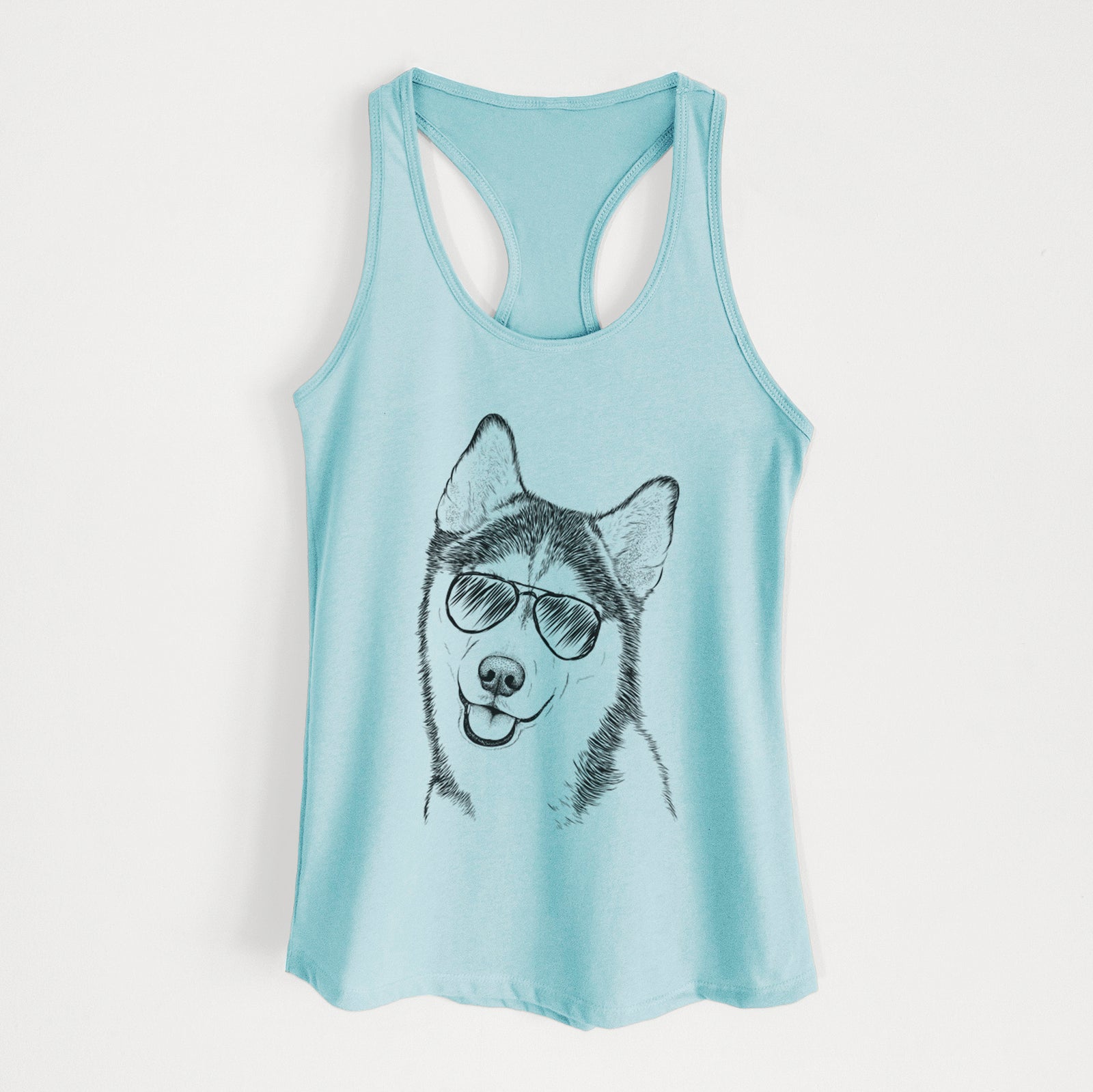 Hand-drawn sketch of Remmie the Siberian Husky wearing aviator sunglasses on a Cancun Blue Women's racerback tanktop