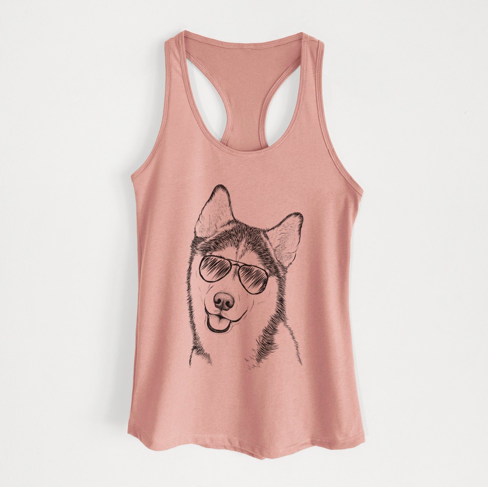 Hand-drawn sketch of Remmie the Siberian Husky wearing aviator sunglasses on a Desert Pink Women's racerback tanktop
