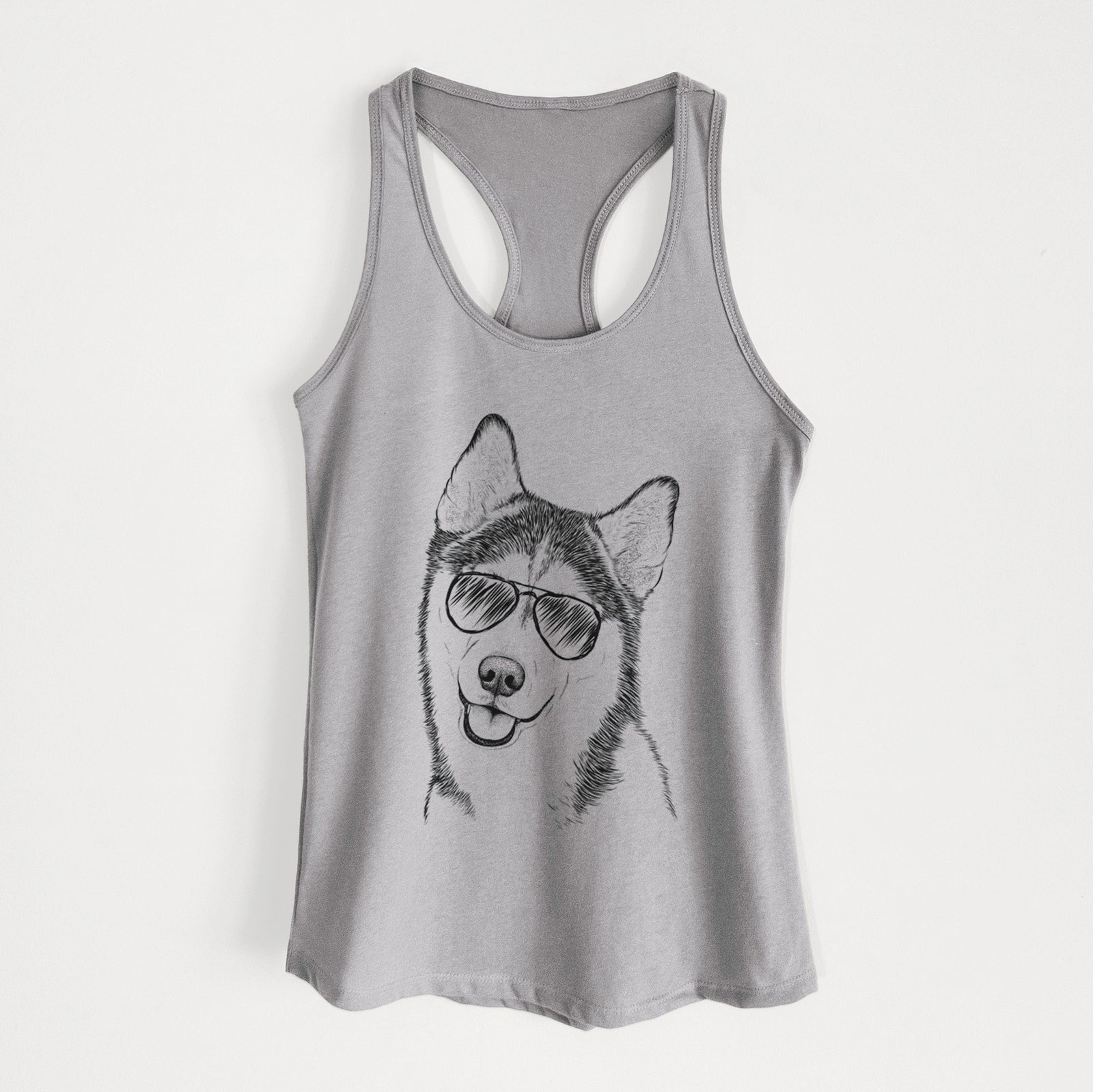 Hand-drawn sketch of Remmie the Siberian Husky wearing aviator sunglasses on a Heather Grey Women's racerback tanktop