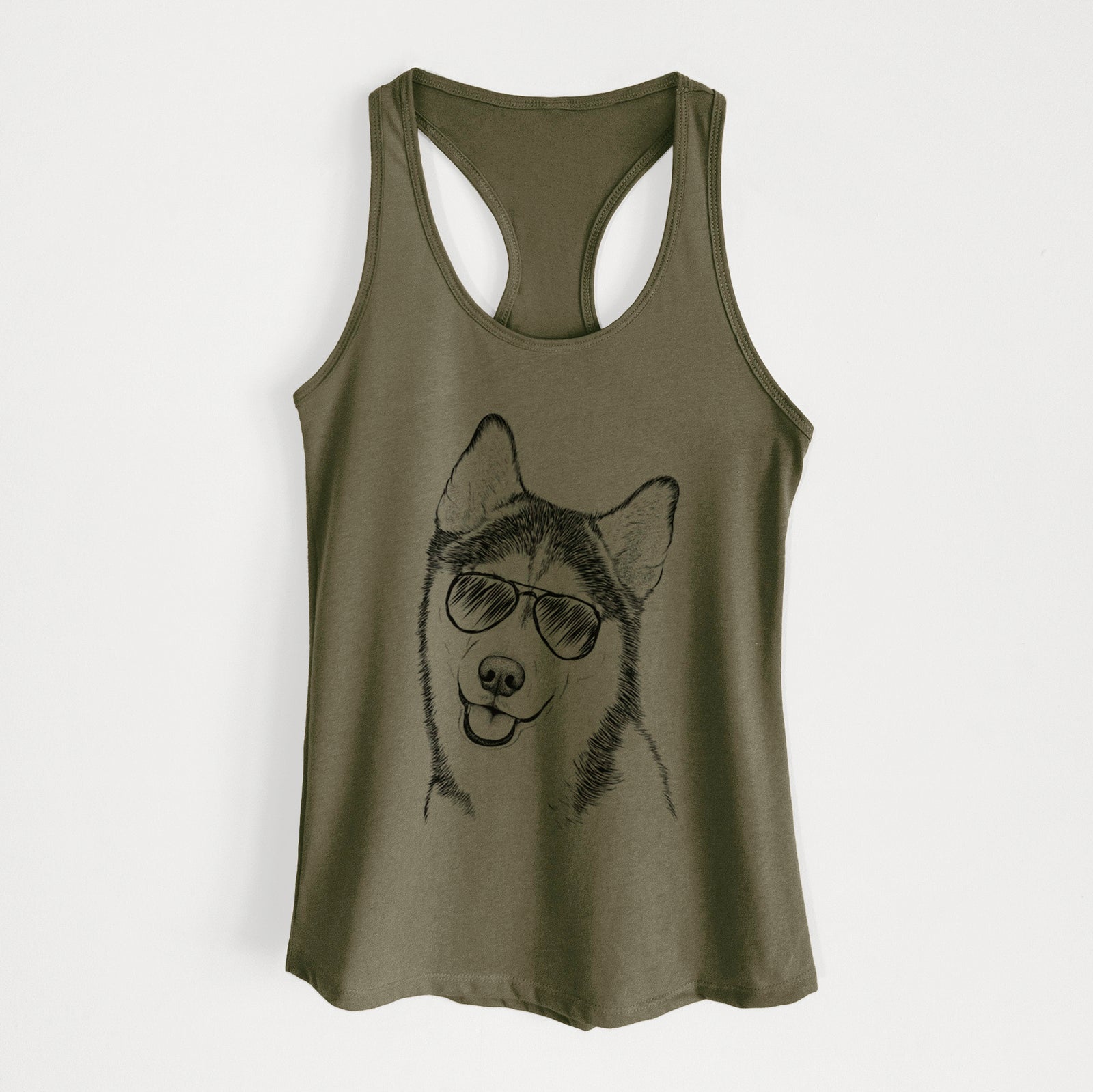 Hand-drawn sketch of Remmie the Siberian Husky wearing aviator sunglasses on a Military Green Women's racerback tanktop