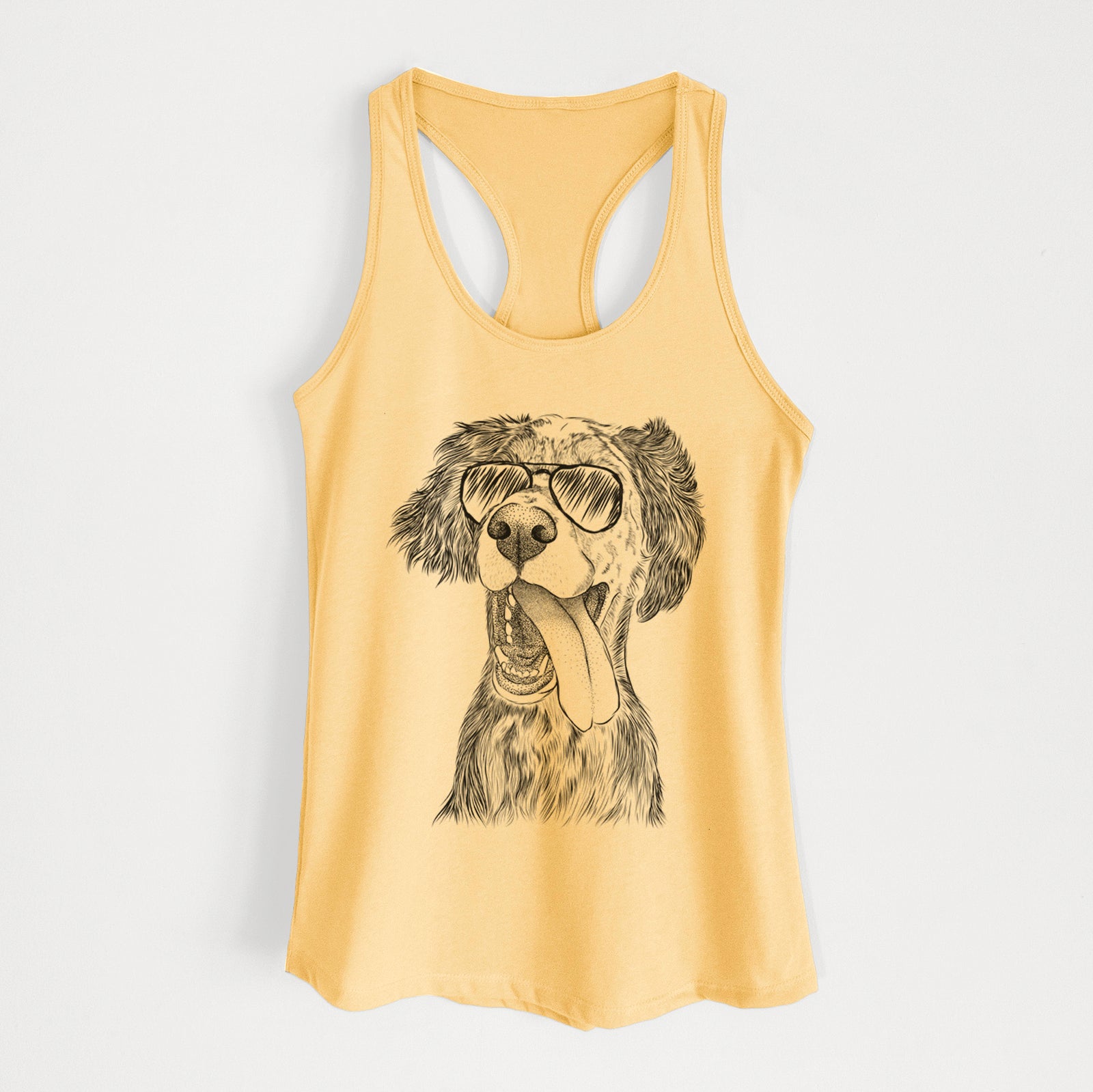 Hand-drawn sketch of Renly the English Setter wearing aviator sunglasses on a Banana Cream Women's racerback tanktop