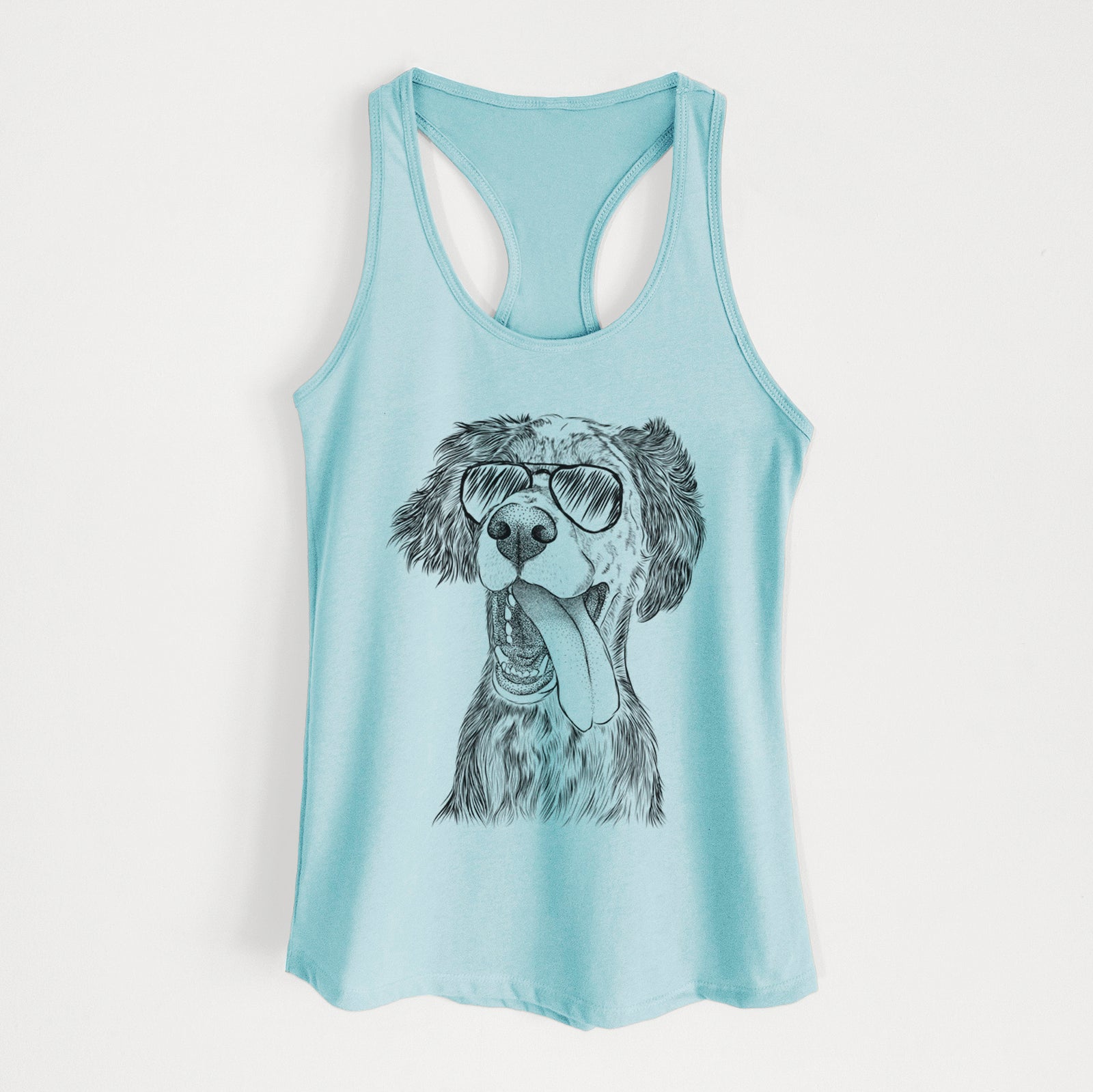 Hand-drawn sketch of Renly the English Setter wearing aviator sunglasses on a Cancun Blue Women's racerback tanktop