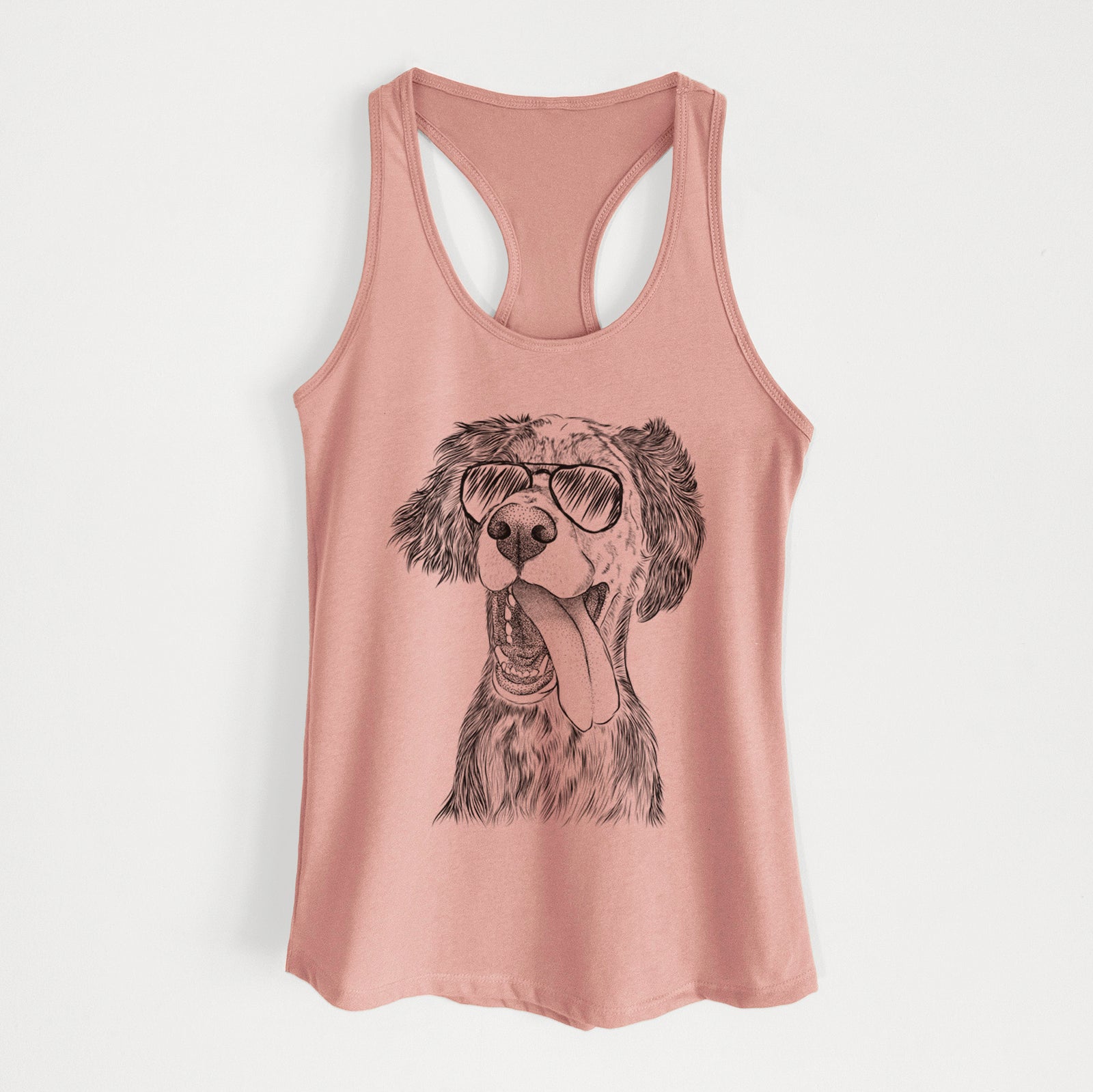 Hand-drawn sketch of Renly the English Setter wearing aviator sunglasses on a Desert Pink Women's racerback tanktop