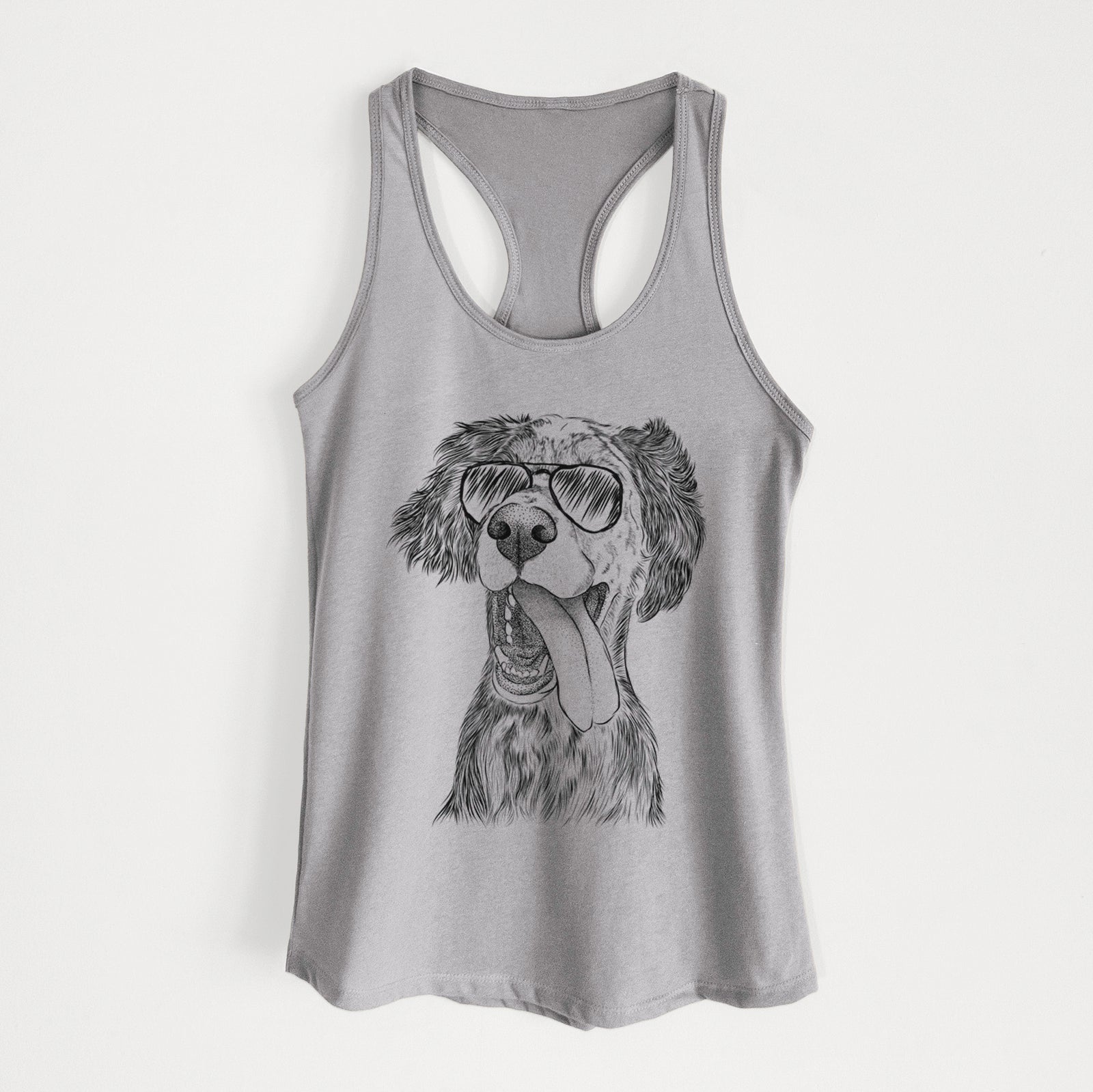 Hand-drawn sketch of Renly the English Setter wearing aviator sunglasses on a Heather Grey Women's racerback tanktop
