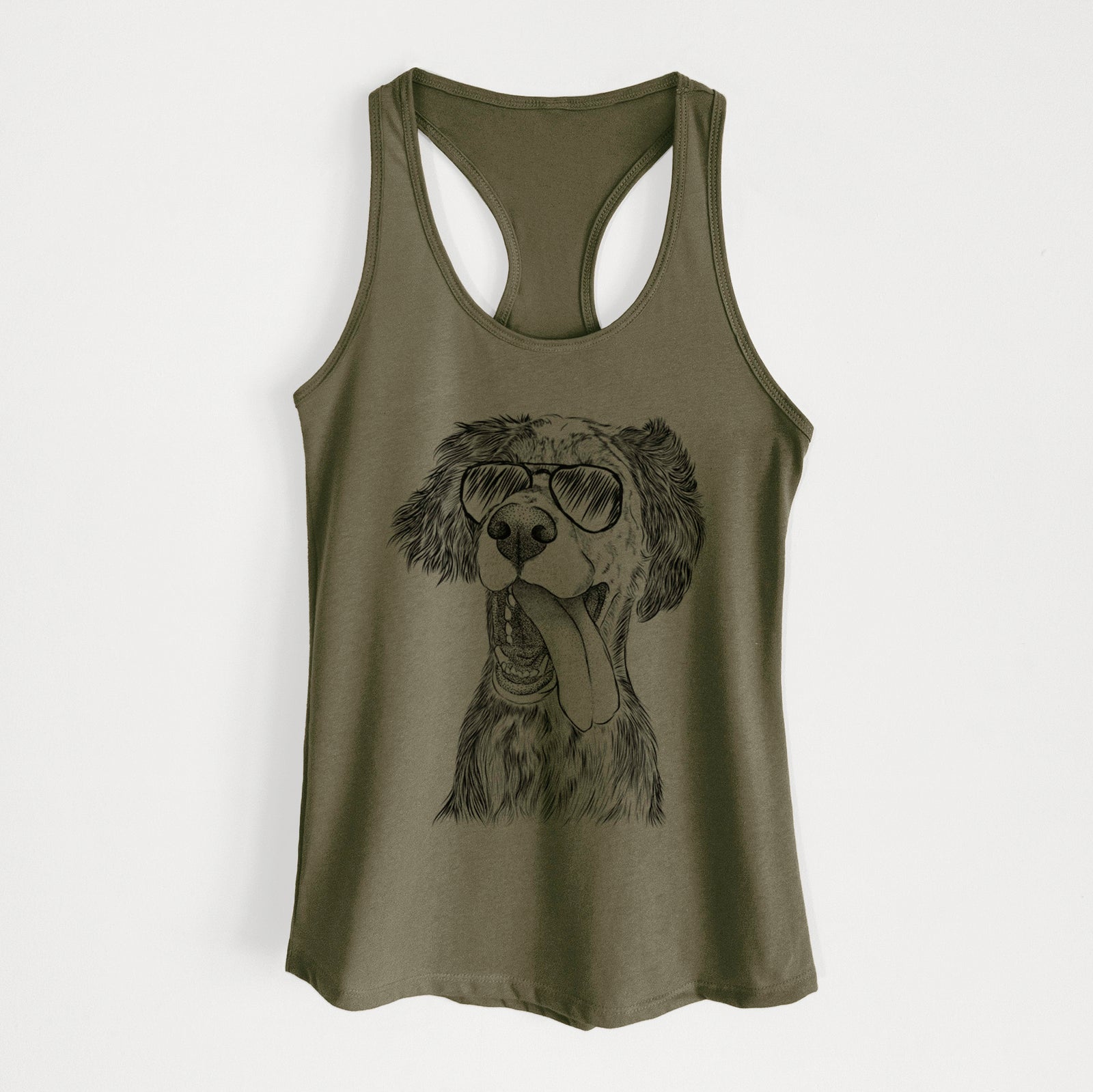 Hand-drawn sketch of Renly the English Setter wearing aviator sunglasses on a Military Green Women's racerback tanktop