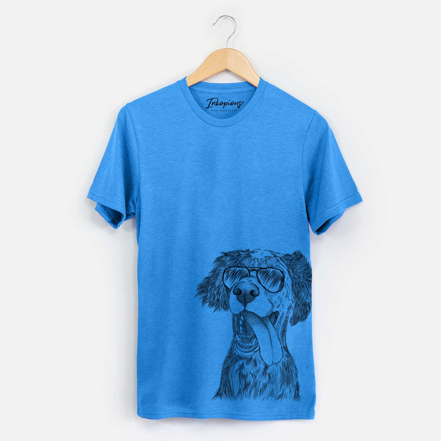 Hand-drawn sketch of Renly the English Setter wearing aviator sunglasses on a Blue Unisex crewneck