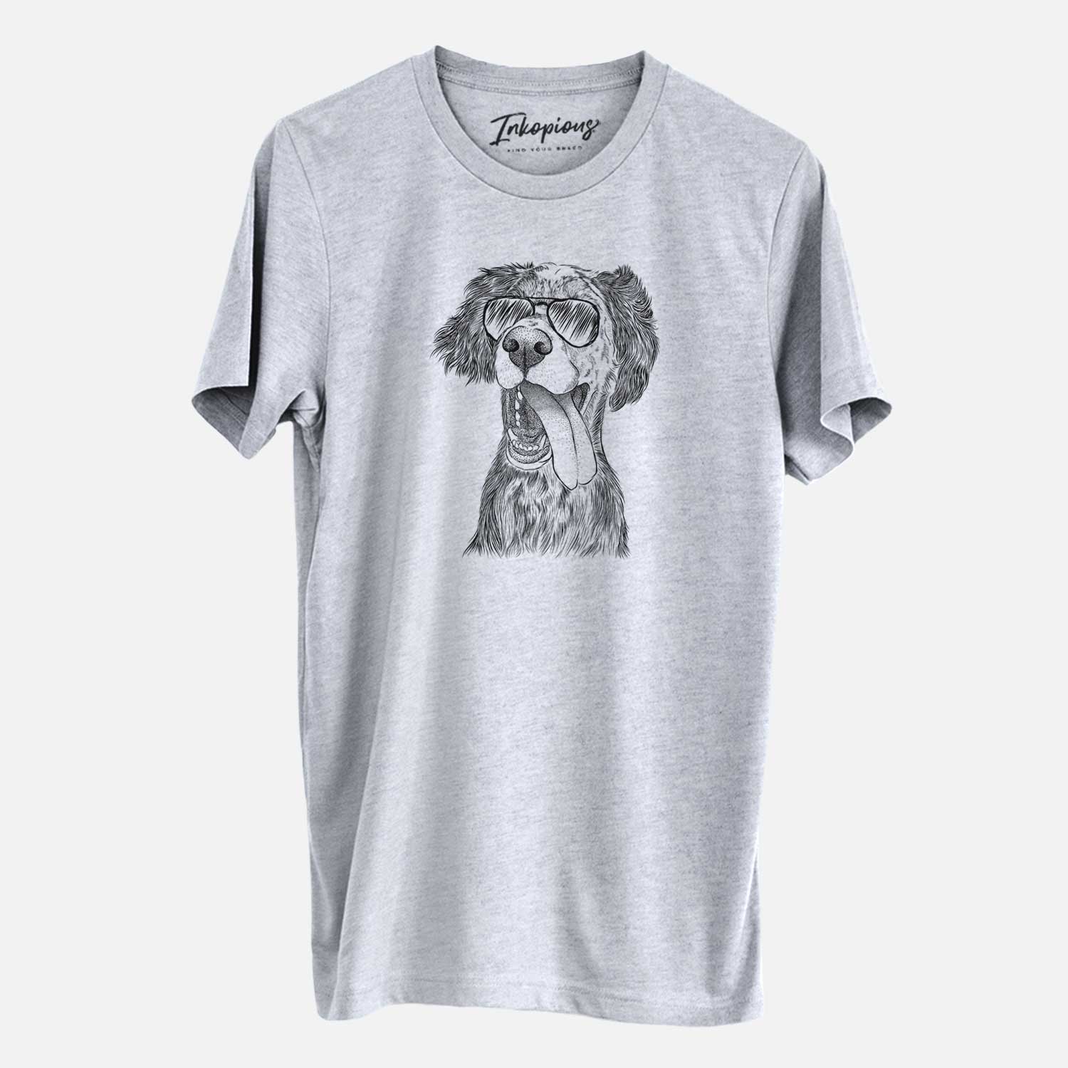 Hand-drawn sketch of Renly the English Setter wearing aviator sunglasses on a Grey Unisex crewneck