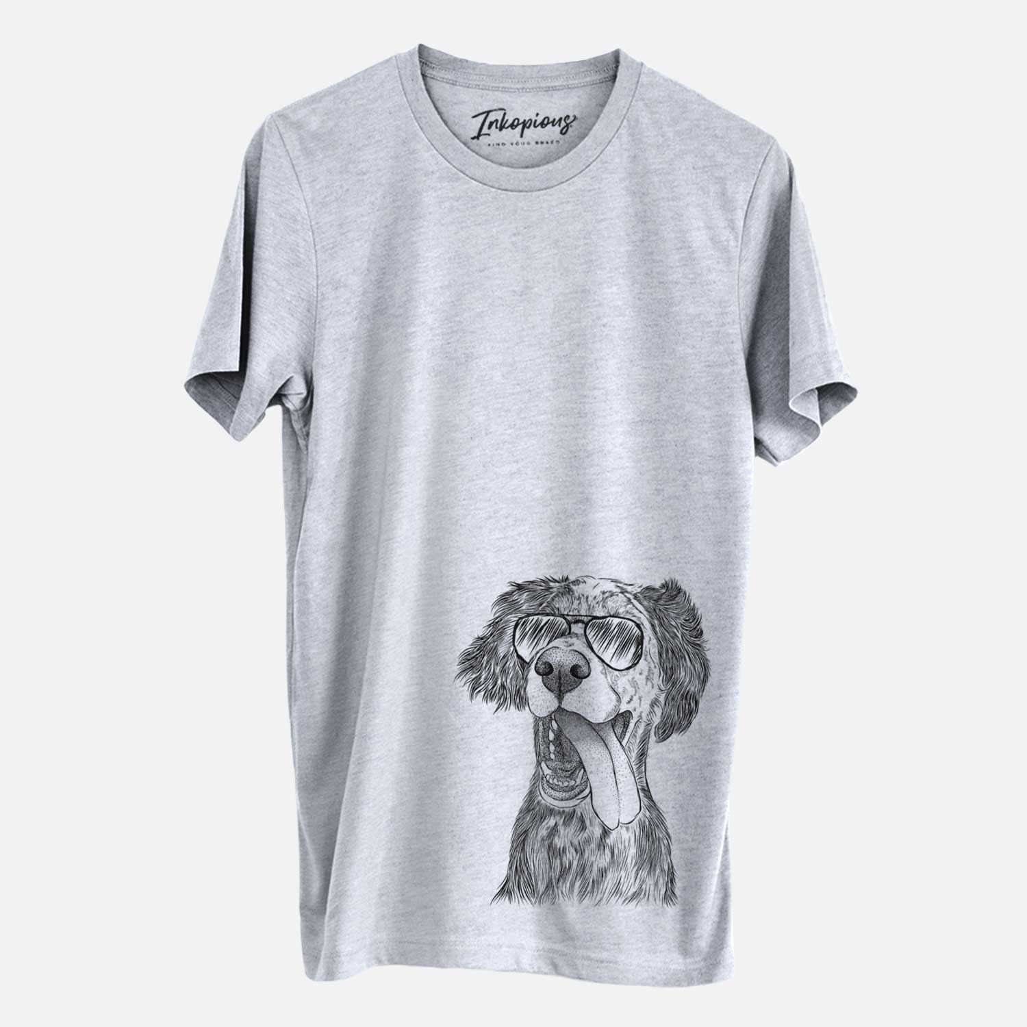 Hand-drawn sketch of Renly the English Setter wearing aviator sunglasses on a Grey Unisex crewneck