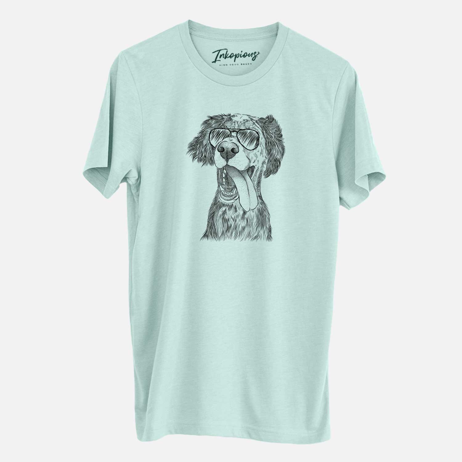 Hand-drawn sketch of Renly the English Setter wearing aviator sunglasses on a Heather Sage Unisex crewneck