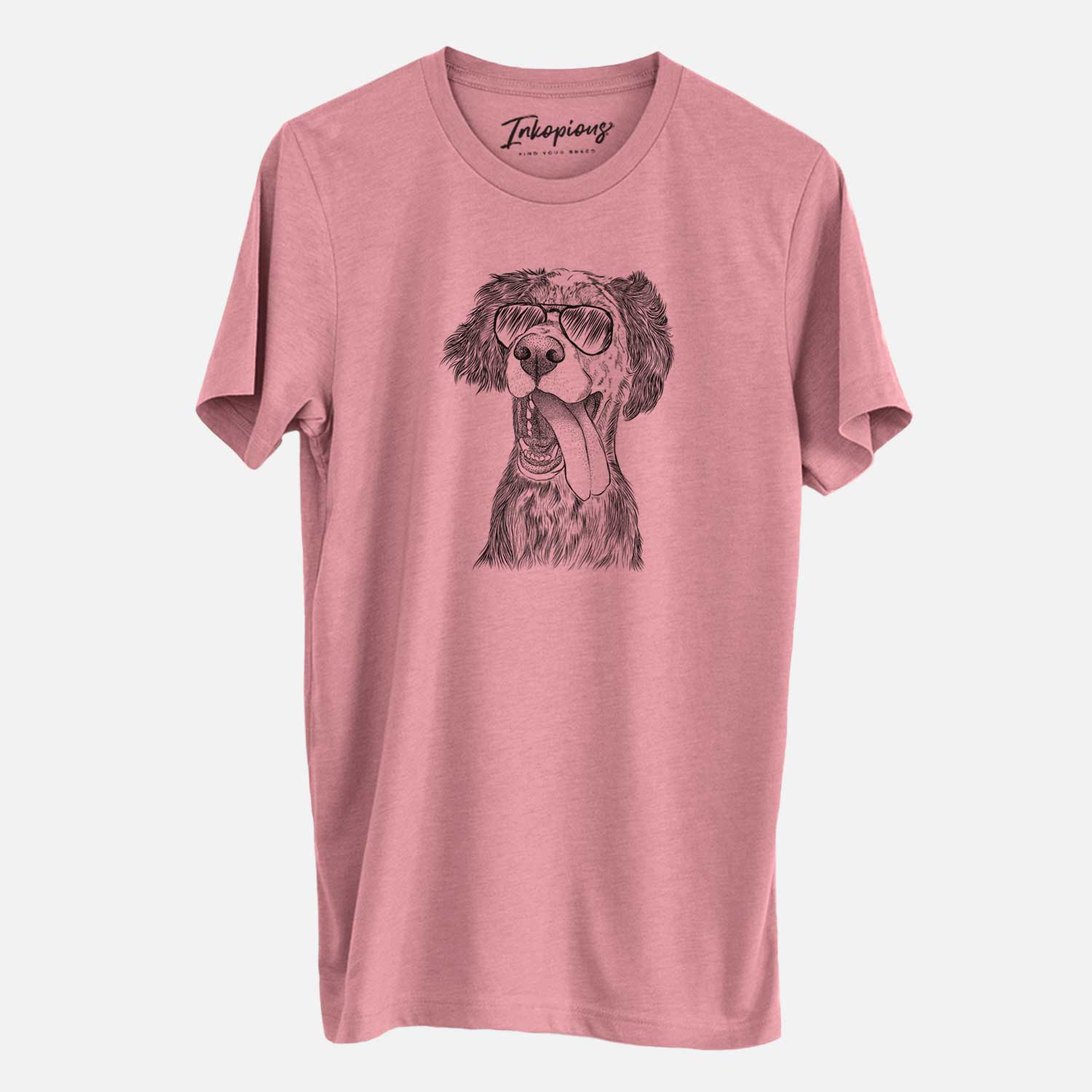 Hand-drawn sketch of Renly the English Setter wearing aviator sunglasses on a Mauve Unisex crewneck