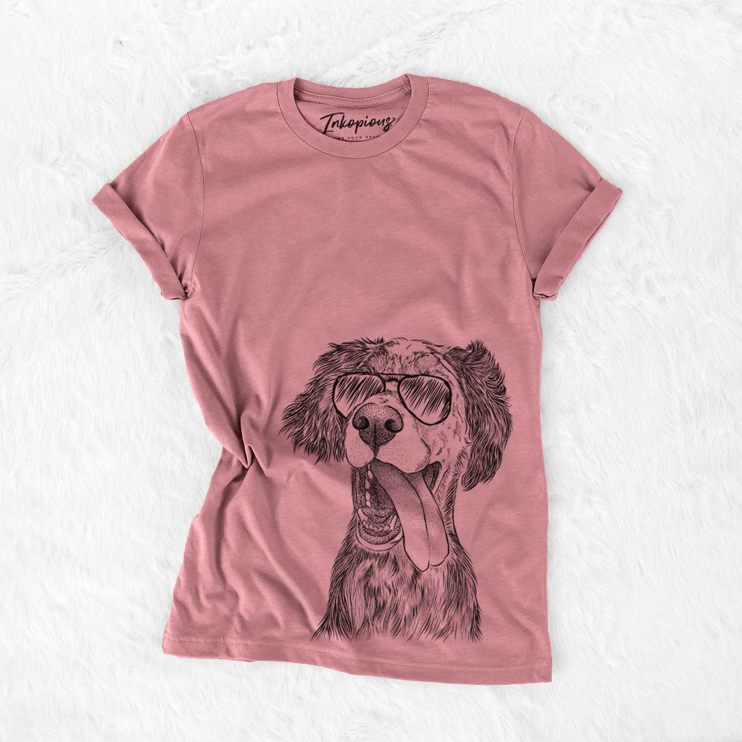 Hand-drawn sketch of Renly the English Setter wearing aviator sunglasses on a Mauve Bella Canvas Unisex Crewneck