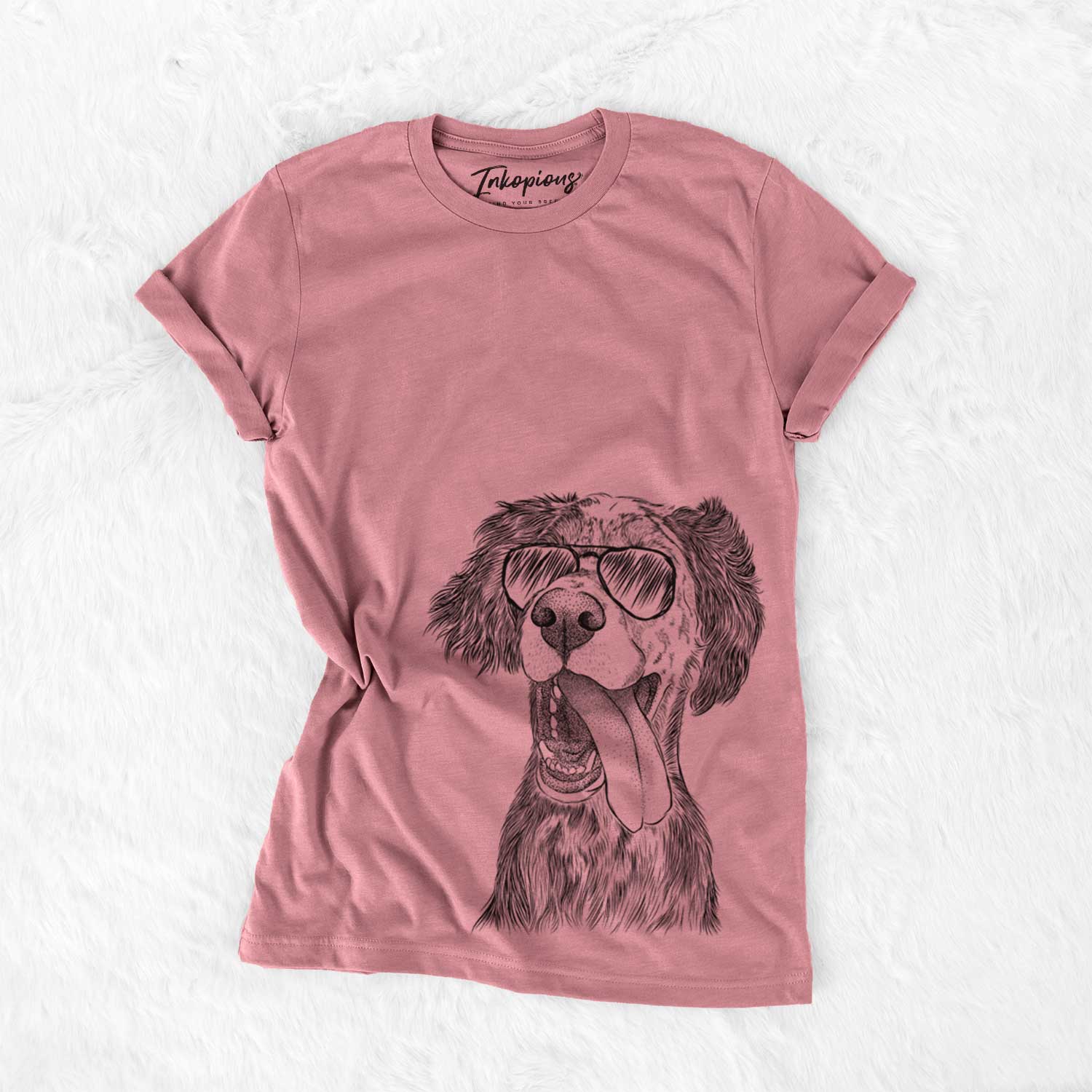 Hand-drawn sketch of Renly the English Setter wearing aviator sunglasses on a Mauve Unisex crewneck