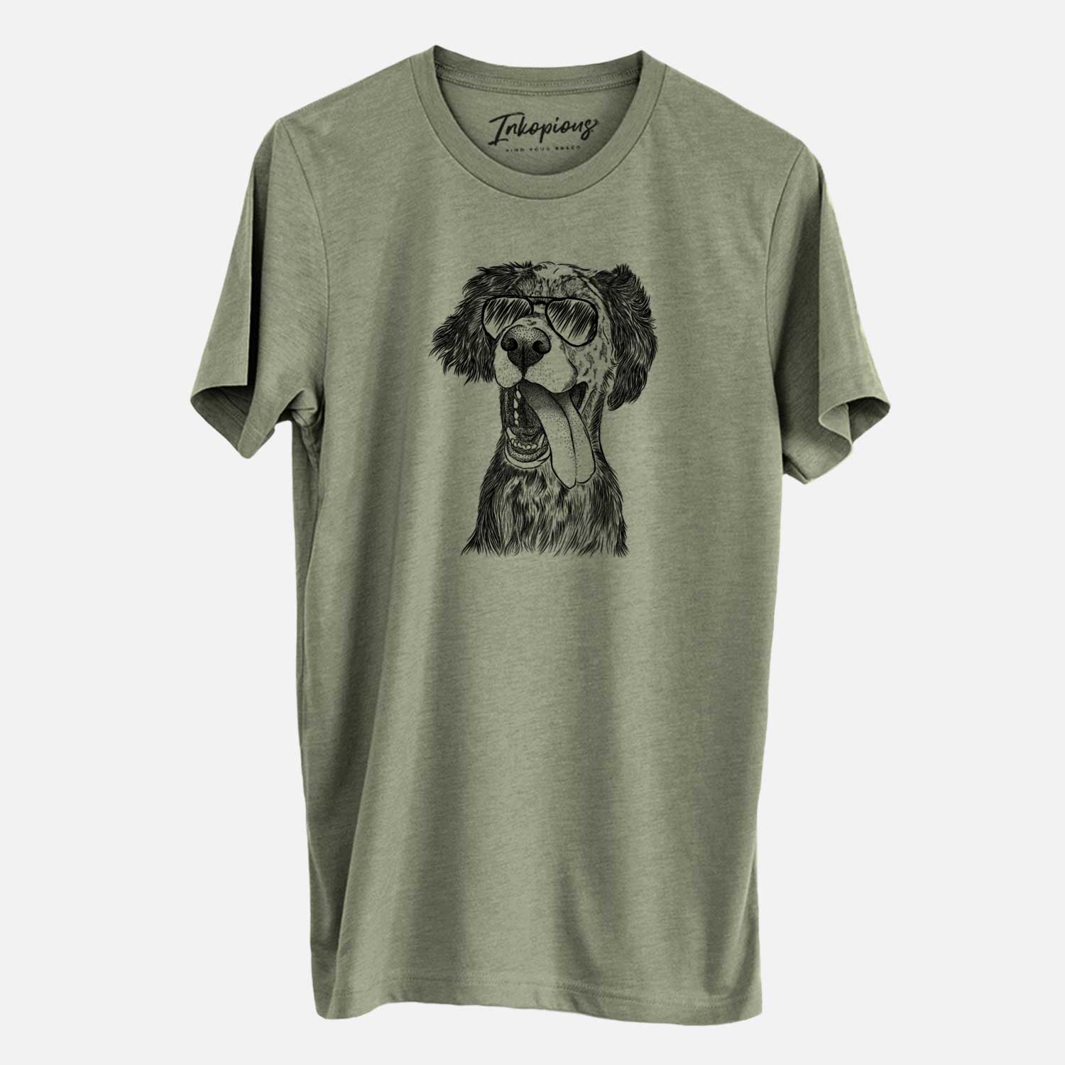 Hand-drawn sketch of Renly the English Setter wearing aviator sunglasses on an Olive Unisex crewneck