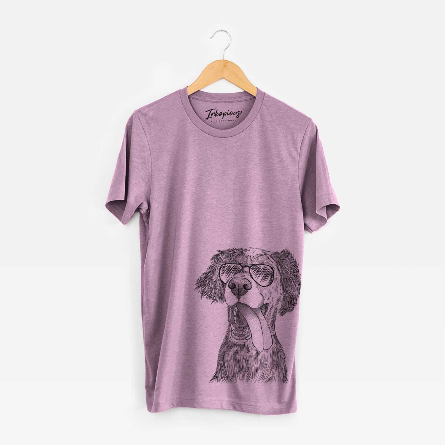 Hand-drawn sketch of Renly the English Setter wearing aviator sunglasses on an Orchid Unisex crewneck