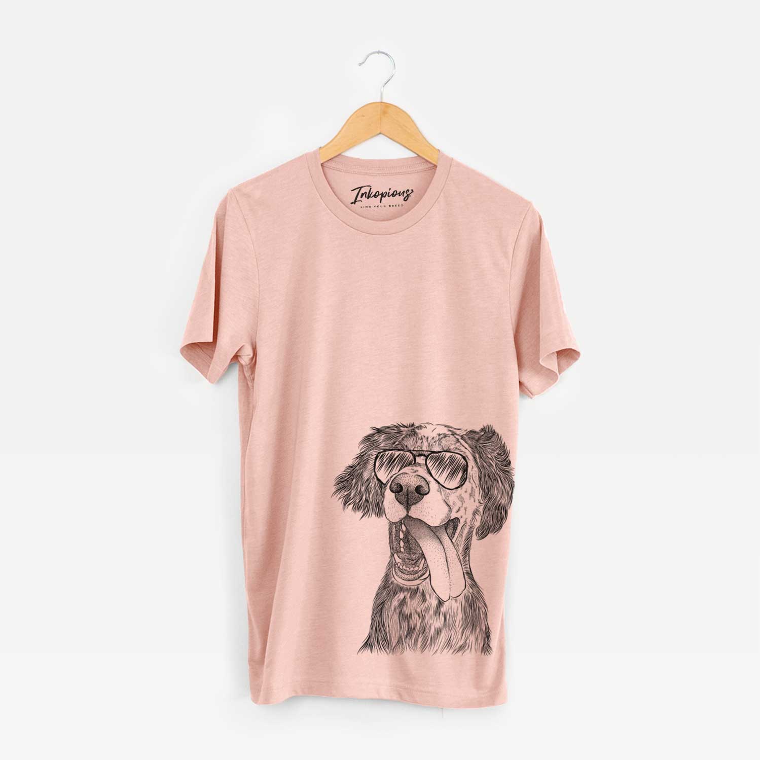 Hand-drawn sketch of Renly the English Setter wearing aviator sunglasses on a Peach Unisex crewneck