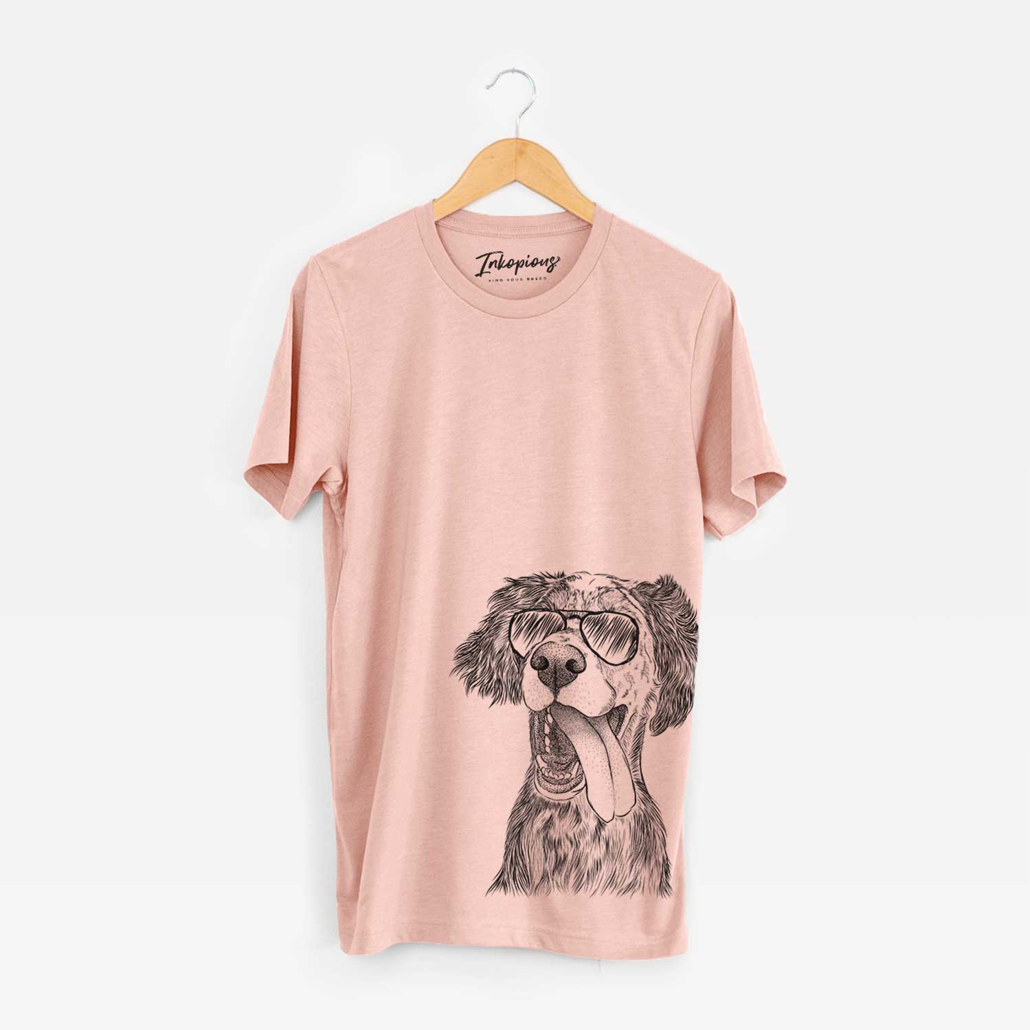 Hand-drawn sketch of Renly the English Setter wearing aviator sunglasses on a Peach Bella Canvas Unisex Crewneck