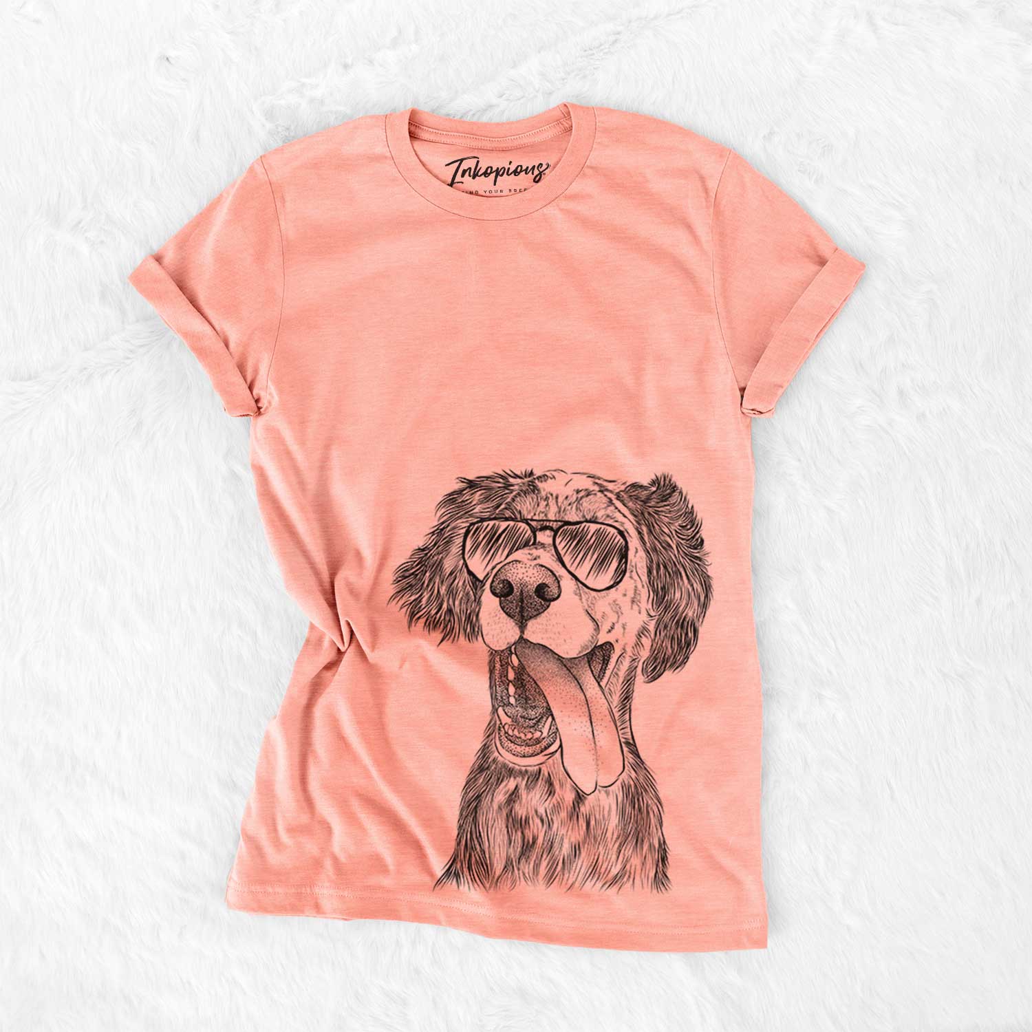 Hand-drawn sketch of Renly the English Setter wearing aviator sunglasses on a Sunset Bella Canvas Unisex Crewneck