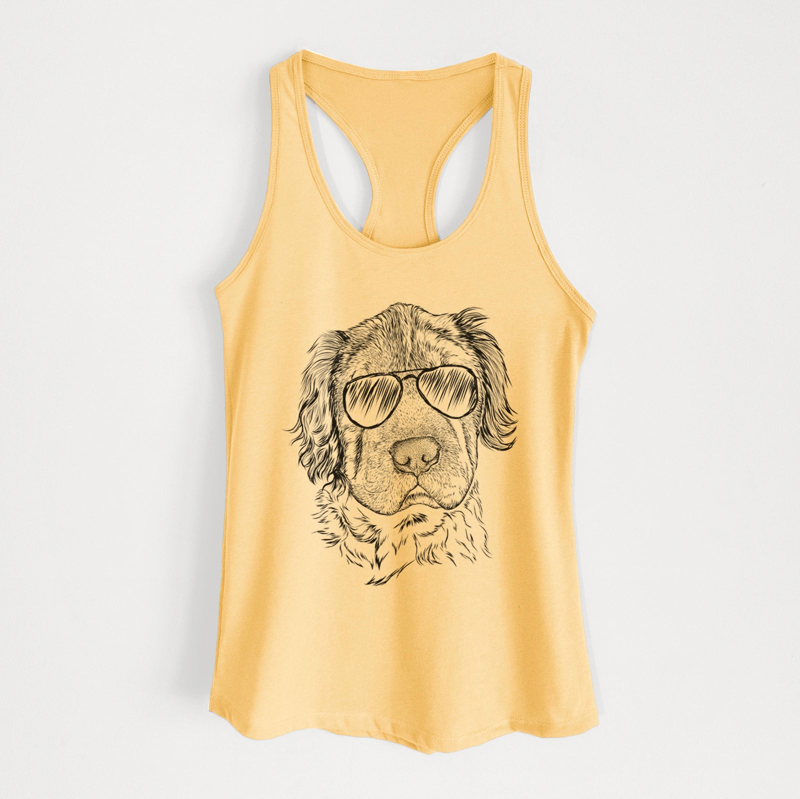 Hand-drawn sketch of Rex the Mini Hippo wearing aviator sunglasses on a Banana Cream Women's racerback tanktop