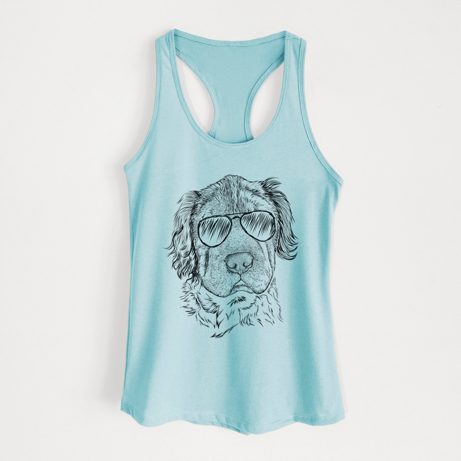 Hand-drawn sketch of Rex the Mini Hippo wearing aviator sunglasses on a Cancun Blue Women's racerback tanktop