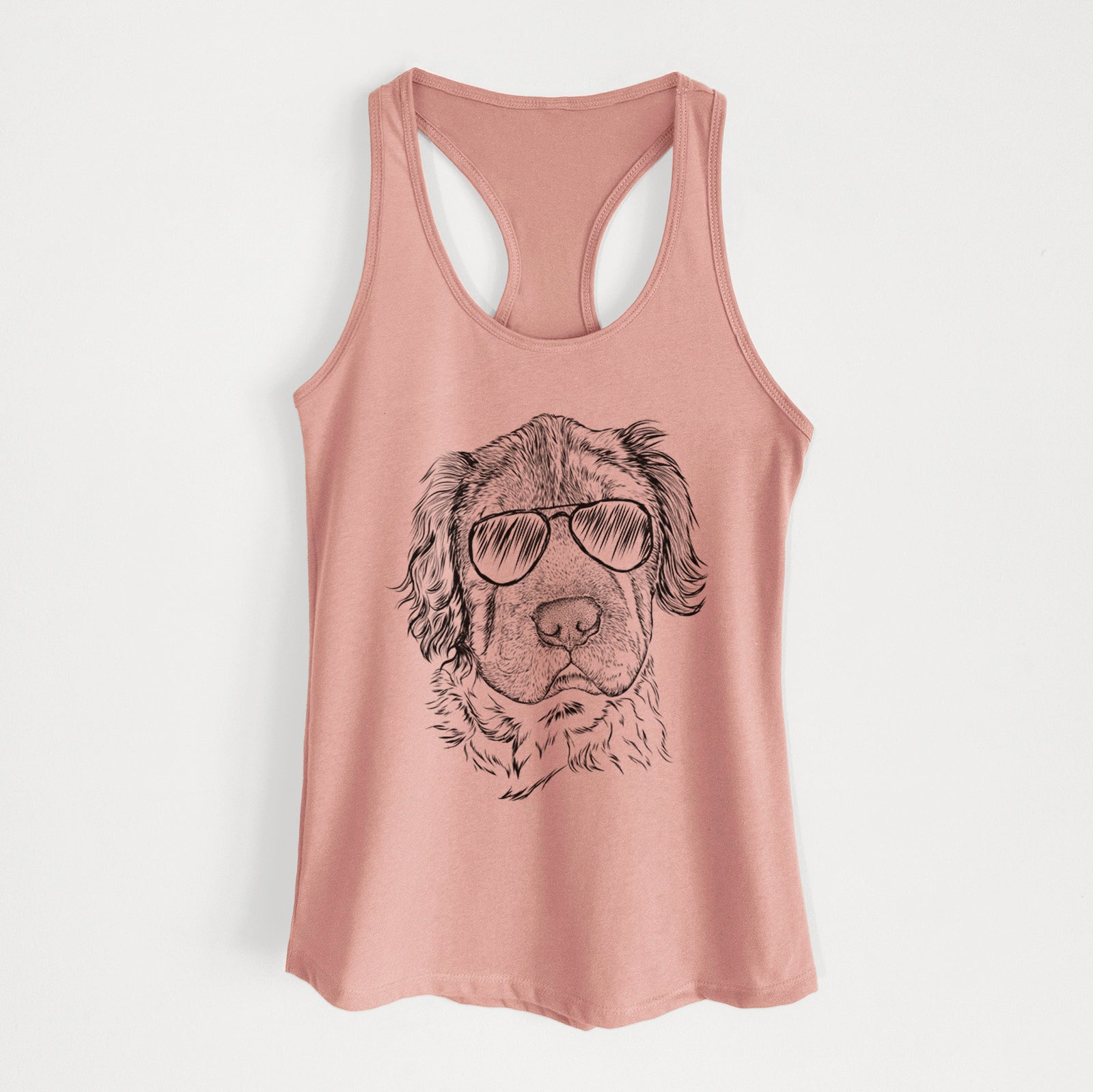 Hand-drawn sketch of Rex the Mini Hippo wearing aviator sunglasses on a Desert Pink Women's racerback tanktop