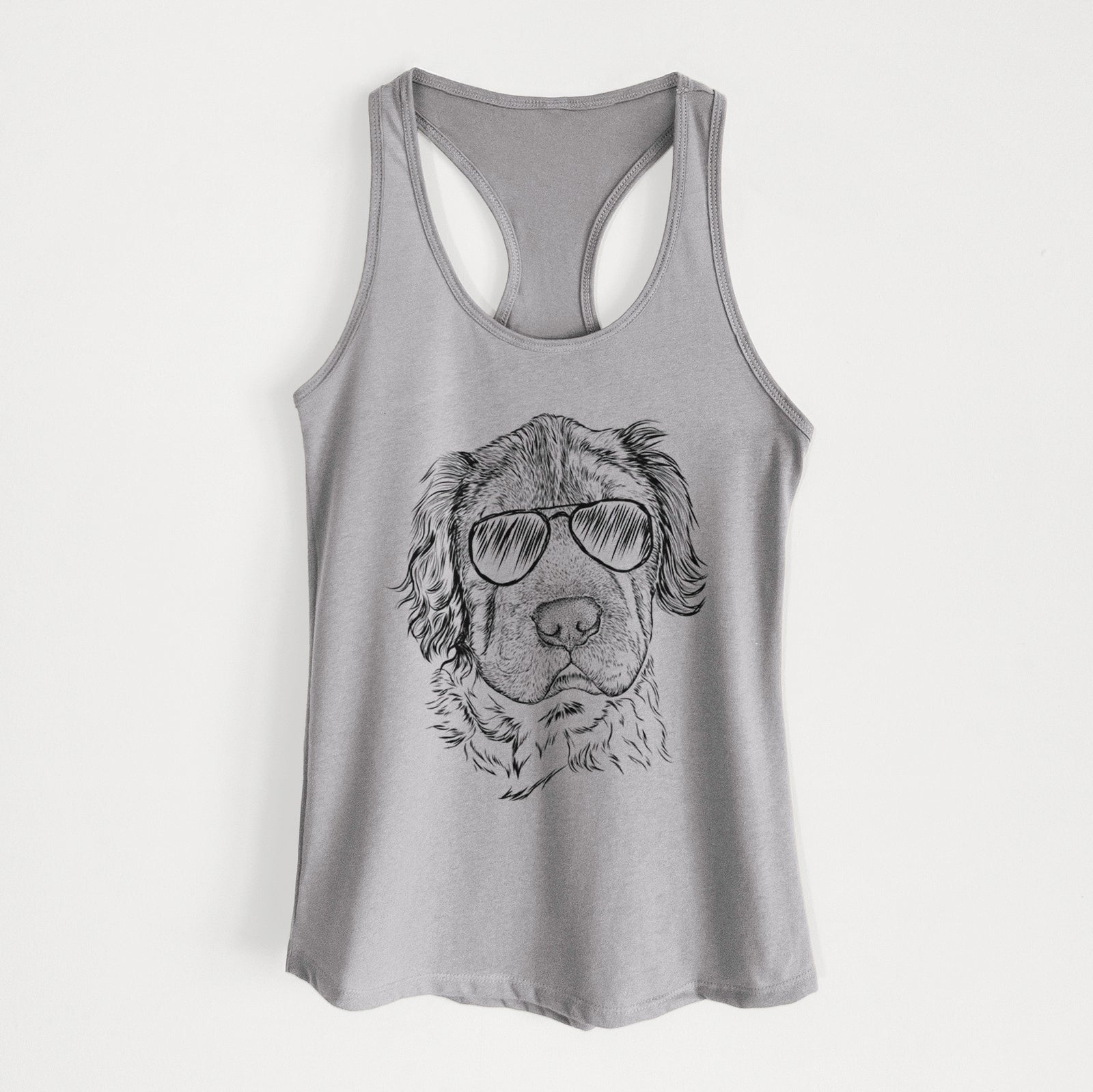Hand-drawn sketch of Rex the Mini Hippo wearing aviator sunglasses on a Heather Grey Women's racerback tanktop