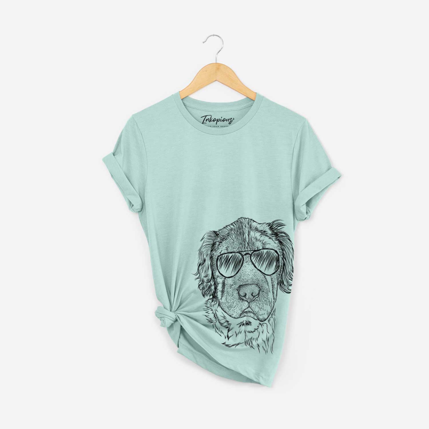 Hand-drawn sketch of Rex the Mini Hippo wearing aviator sunglasses on a Heather Sage Bella Canvas Unisex Crewneck